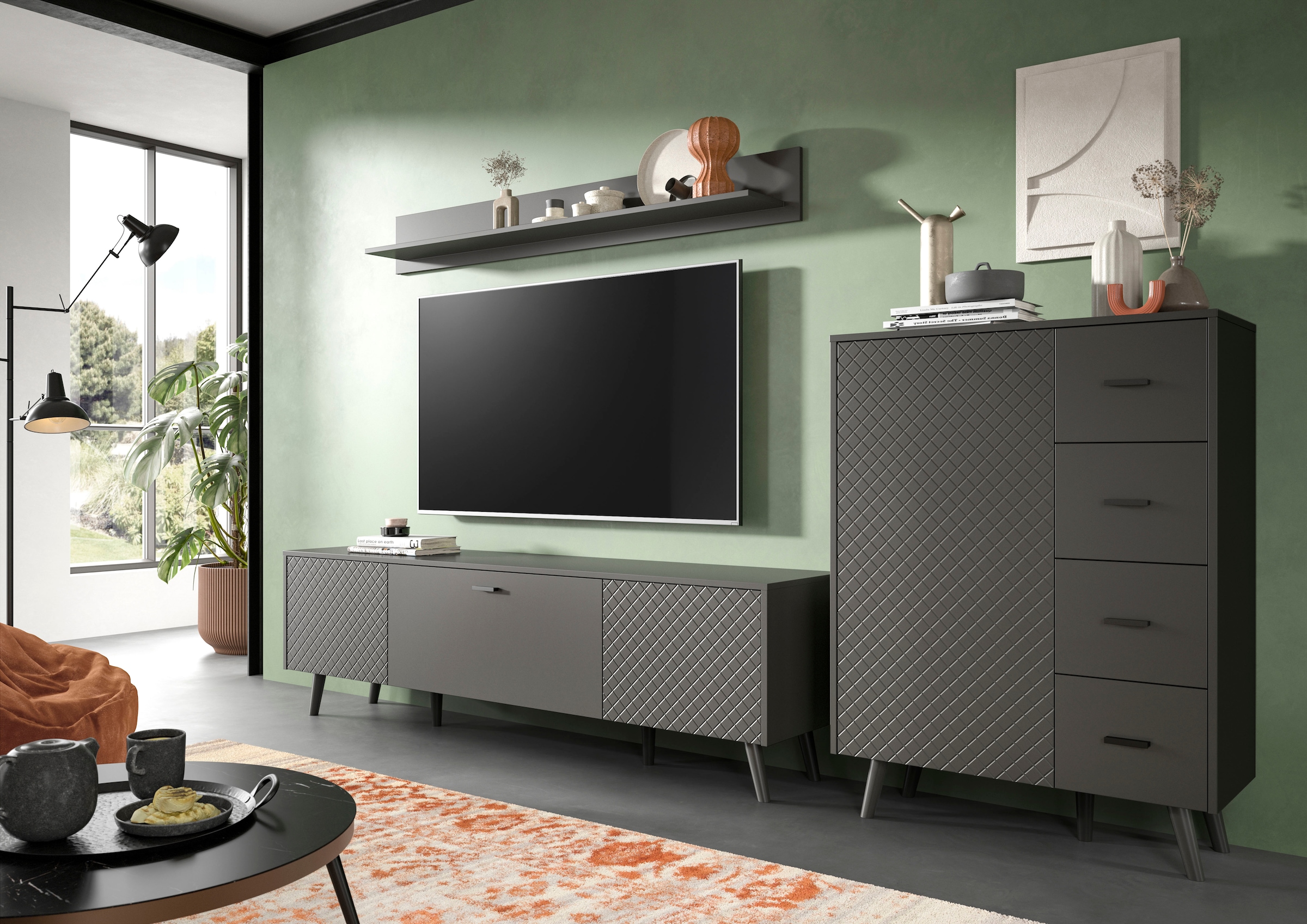 Home affaire Lowboard »RHOMBUS,hochwertige MDF-Front mit Karo-Optik« 1 Stk. tlg. TV-Unterschrank, Lowboard, TV-Schrank, Wohnzimmer