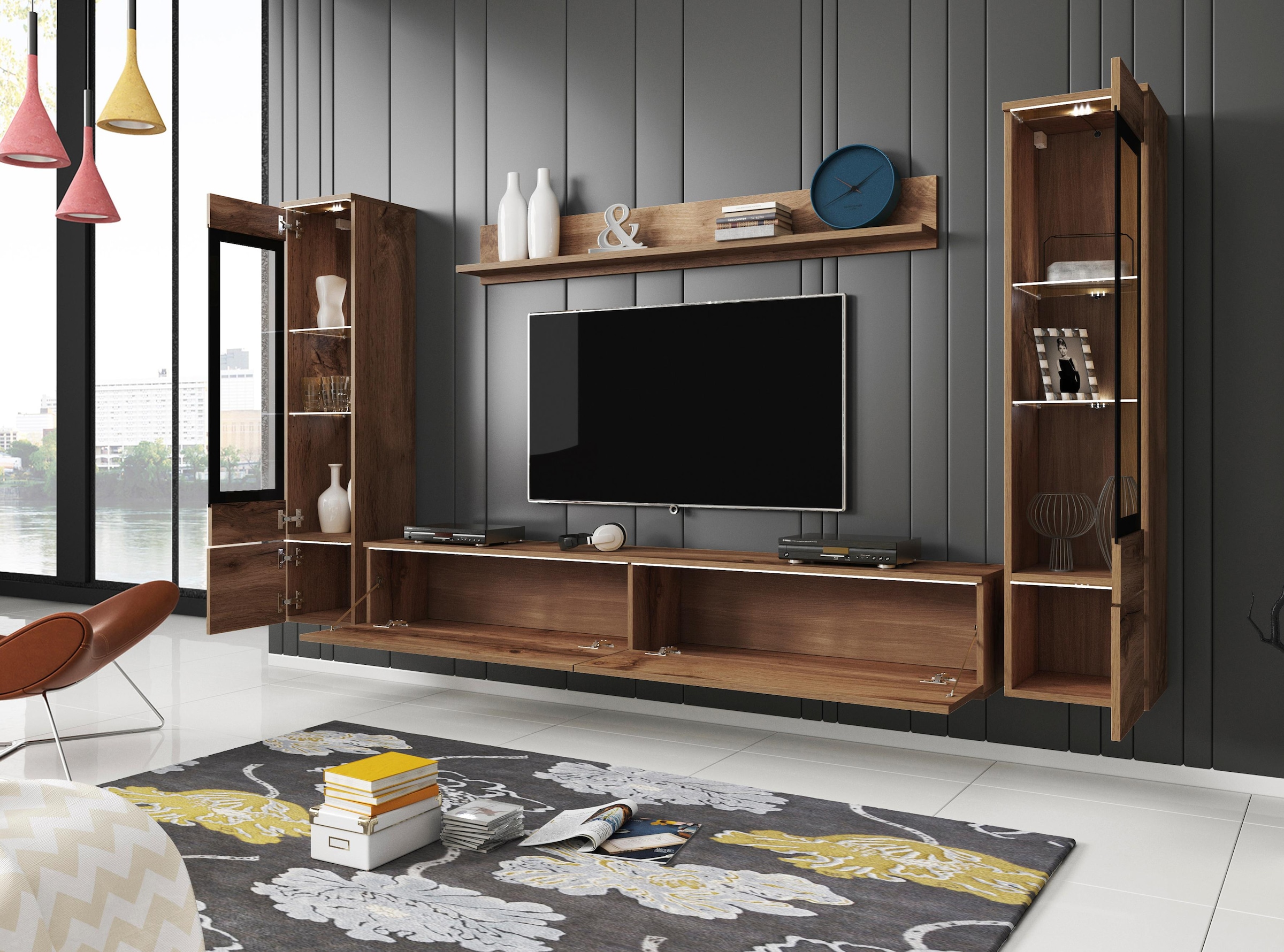 INOSIGN Wohnwand »VERA II, Vitrinen Türanschlag wechselbar«, (Komplett-Set, 4 St.), Mediawand 260 cm, Vitrine mit Verglasung, stehend und hängend