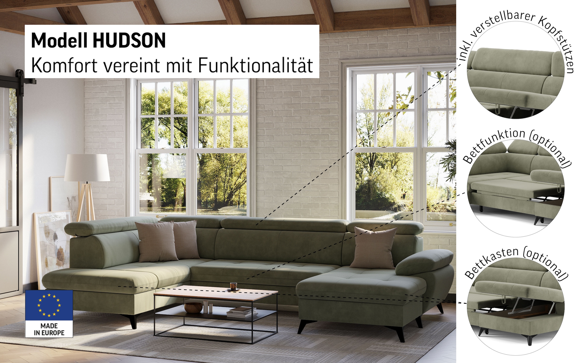 COTTA Wohnlandschaft »Hudson U-Form« mit Kopfteilverstellung, wahlweise mit Bettfunktion & Bettkasten