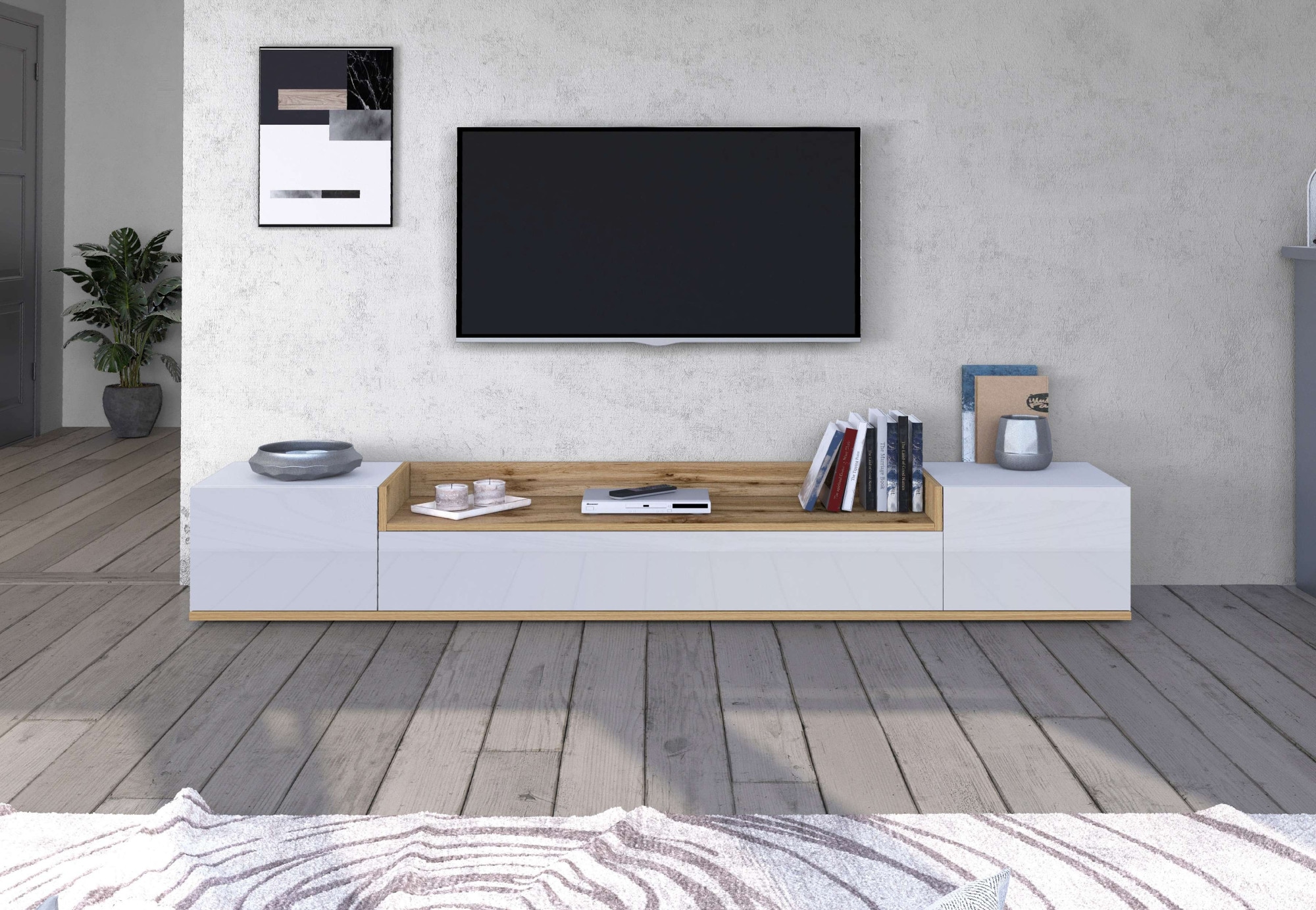 OTTO home Lowboard »BOLSENA,TV-Kommode, TV-Möbel,TV-Bank, 4 Fächer und offenes Ablagefach« 1 Stk. tlg. Breite 200 cm,stehend/hängend,Fronten Hochglanz lackiert,Made in Italy