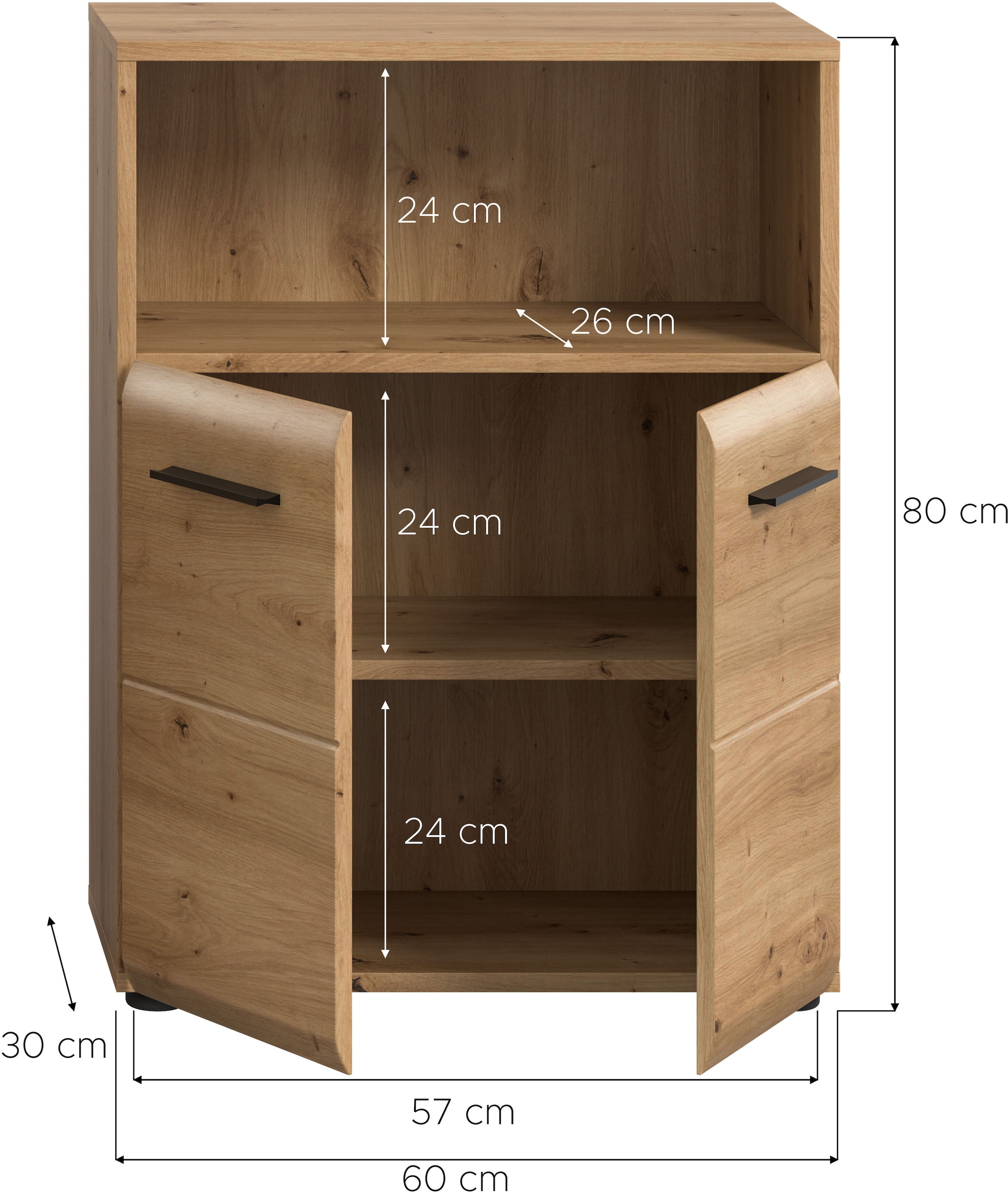 welltime Stauraumschrank »FLORENZ, TOPSELLER!, Breite 60 cm, 2 Türen, 1 Fachboden, 1 offene Fach« TOPSELLER!,  hochwertige MDF Front, Griff schwarz, Badschrank, Bad