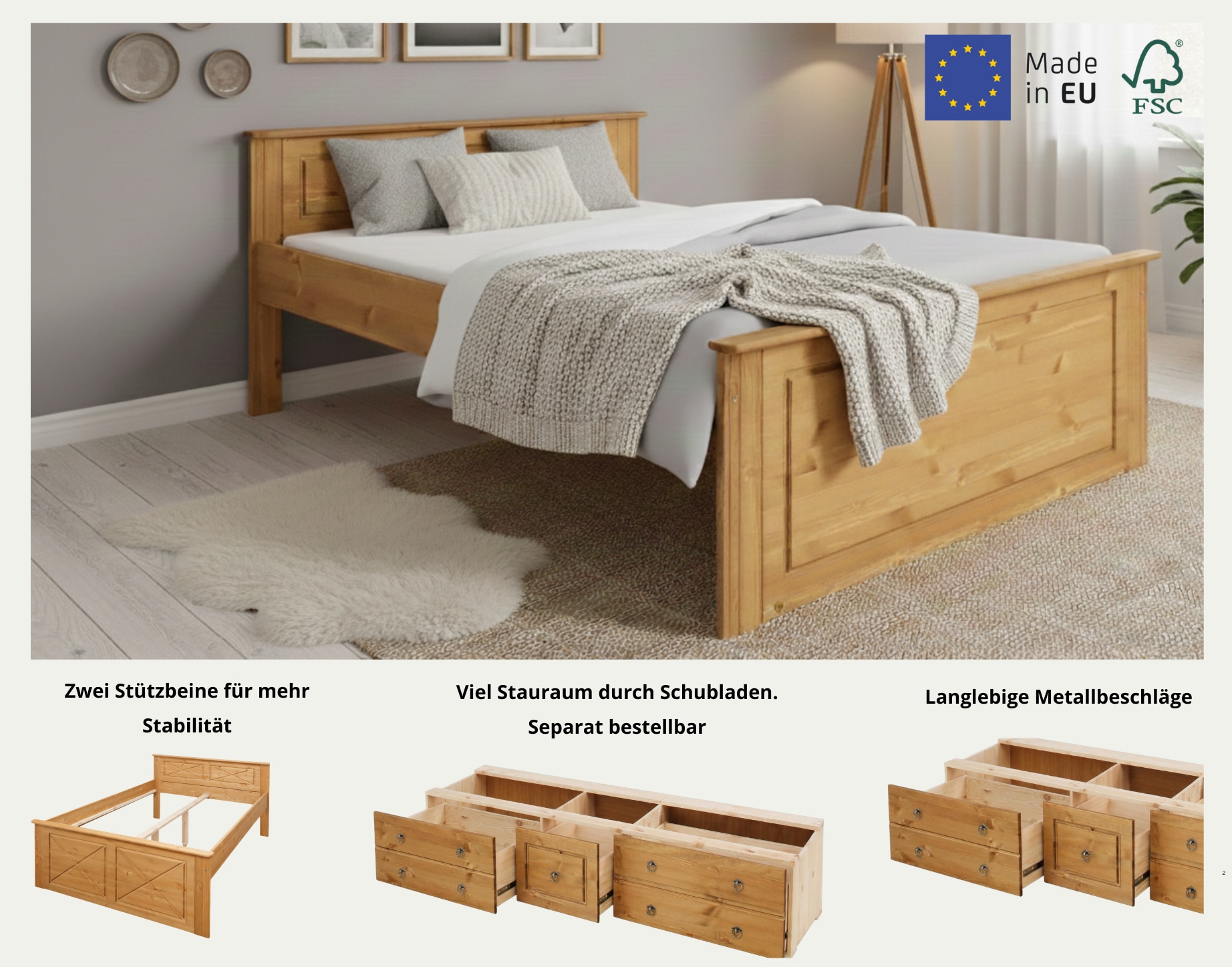 OTTO home Massivholzbett »Hugo, hohe Belastbarkeit! FSC® zertifiziertes Massivholz, Landhausstil« Breite/Belastbarkeit 180cm/200KG, 140cm/180KG,  Stauraumbett aus massiver Kiefer