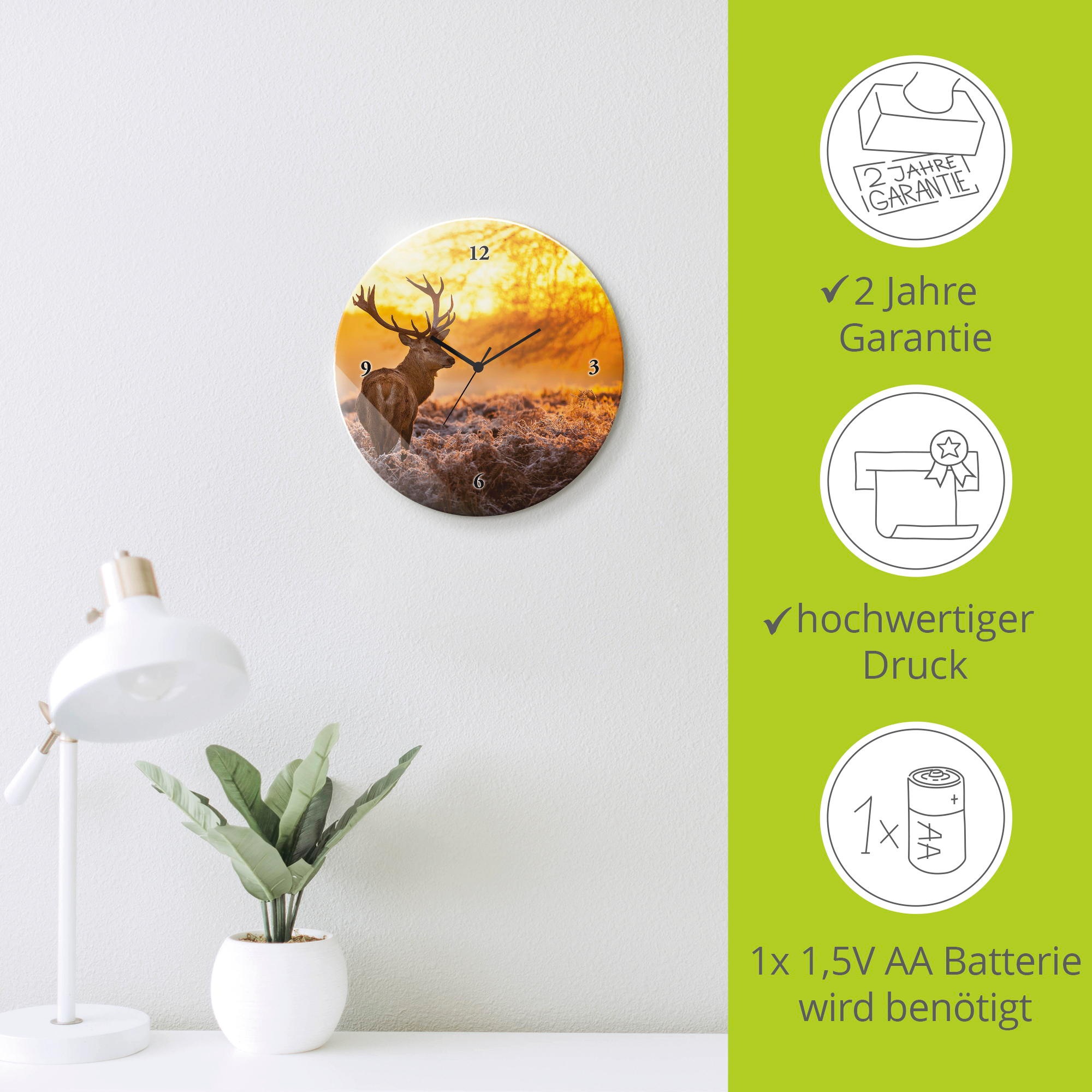 Artland Wanduhr »Glasuhr rund Rotwild« wahlweise mit  Quarz- oder Funkuhrwerk, lautlos ohne Tickgeräusche