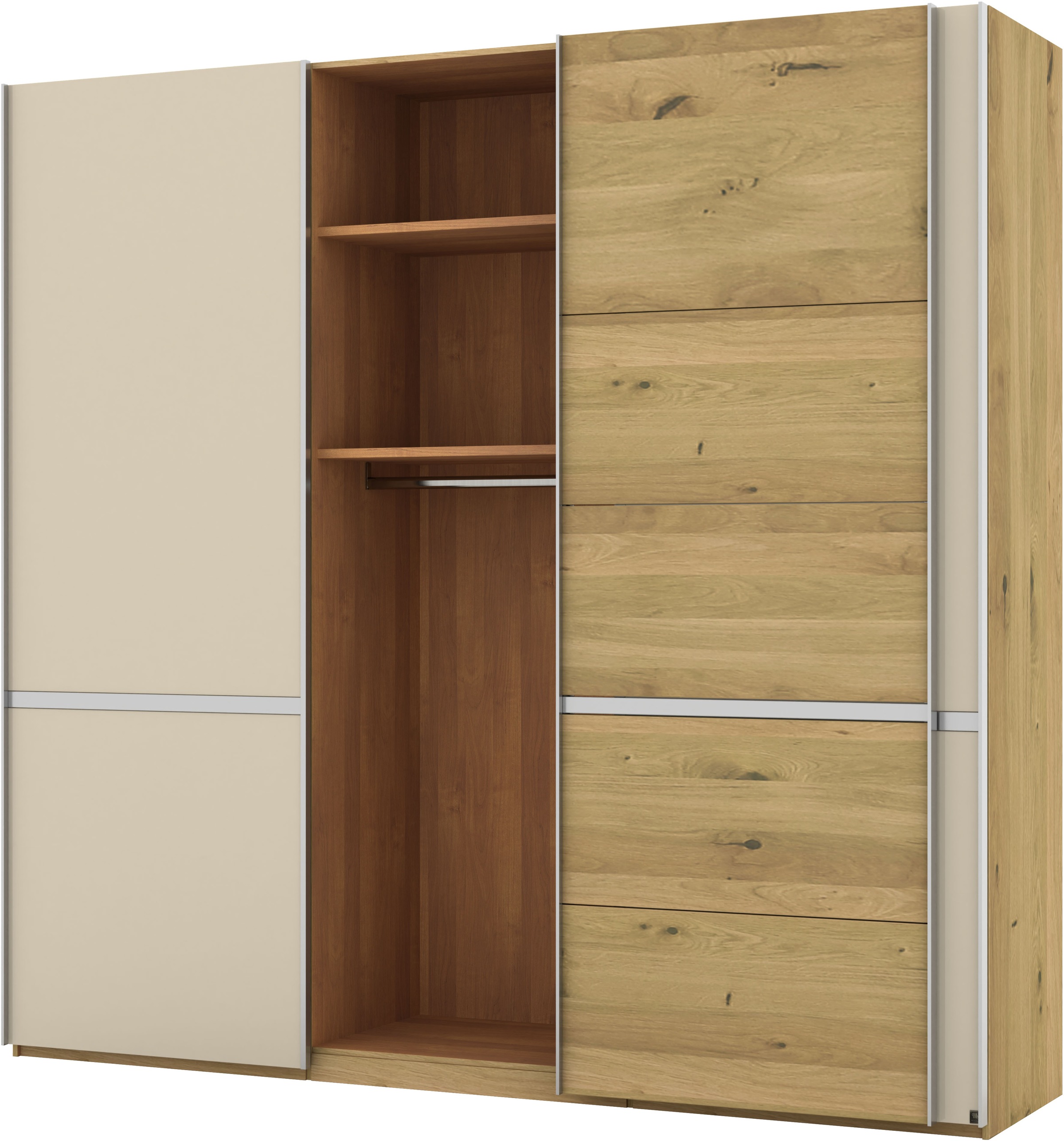 Musterring Schwebetürenschrank »Savona, Kleiderschrank, Schrank, Garderobe, mit Schiebetüren«, (Teilmassiv Bianco-Eiche, mit Spiegel oder Glas, MADE IN GERMANY), Türen Bianco-Eiche massiv, Spiegel-/Glastüren, eingelegte Chromleiste