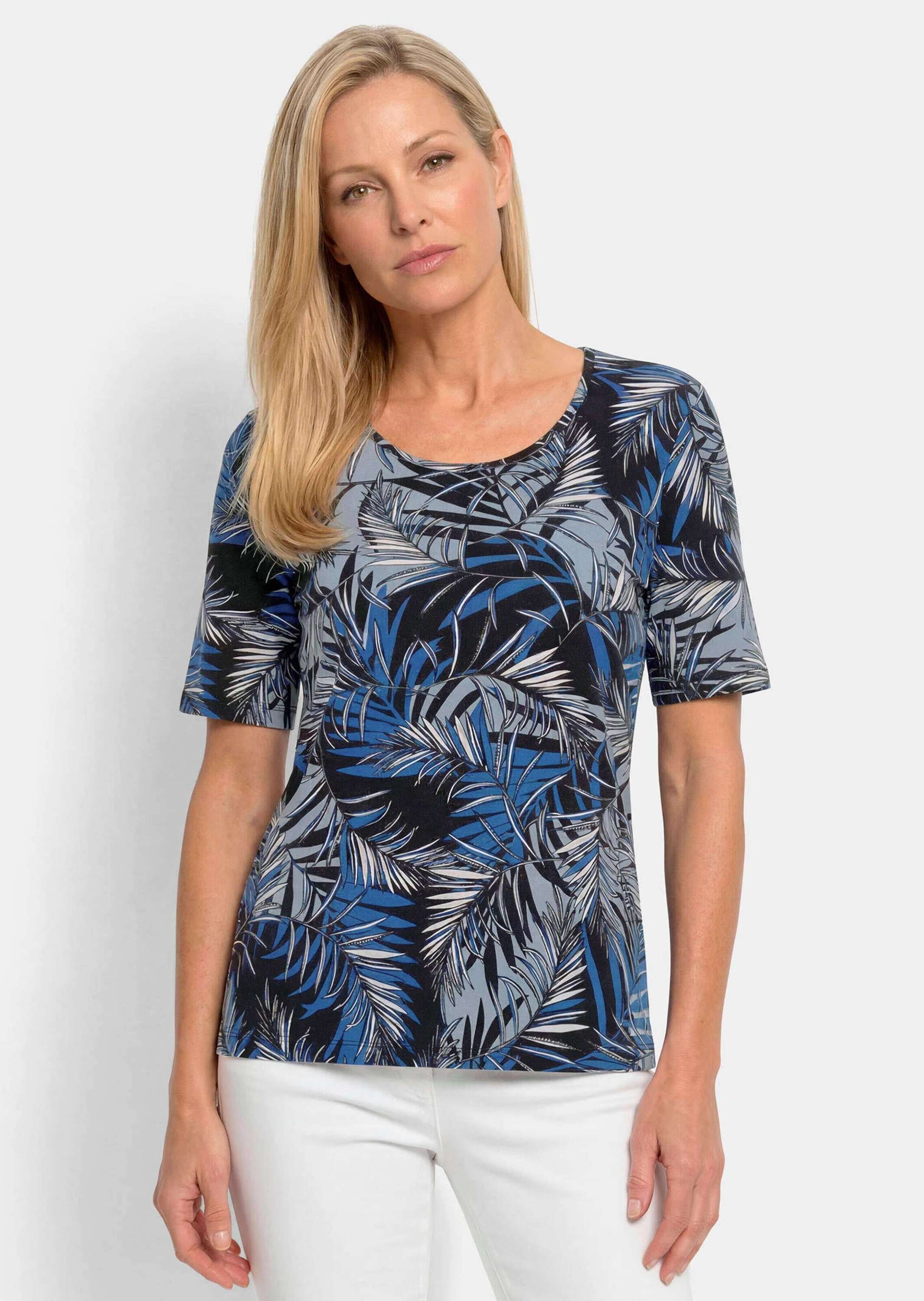 GOLDNER Kurzarmshirt »Kurzgröße Viskoseshirt mit Palmenprint« stretchbequemer Viskosejersey