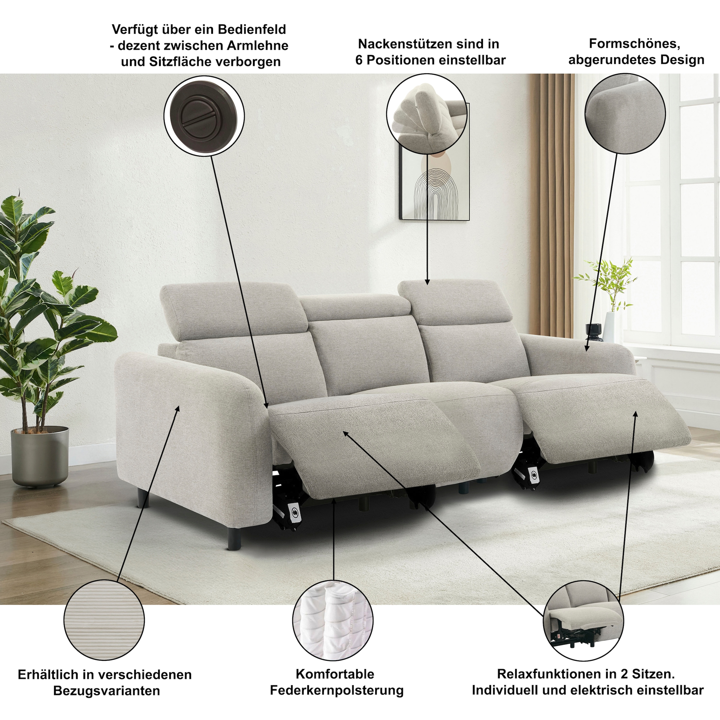 Home affaire 3-Sitzer »SKAANE Struktur-Sofa, 229 cm, manuelle-u. elektrische Relaxfunktion« Relax-Funktion in 2 Sitzen, Kopfteilverstellung, Federkernpolsterung