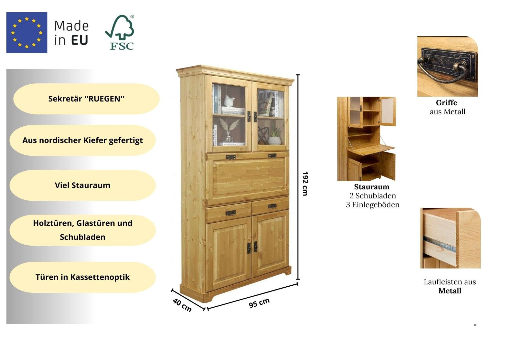 OTTO home Sekretär »Rügen« aus massiver Kiefer, Breite 94 cm, made in EU