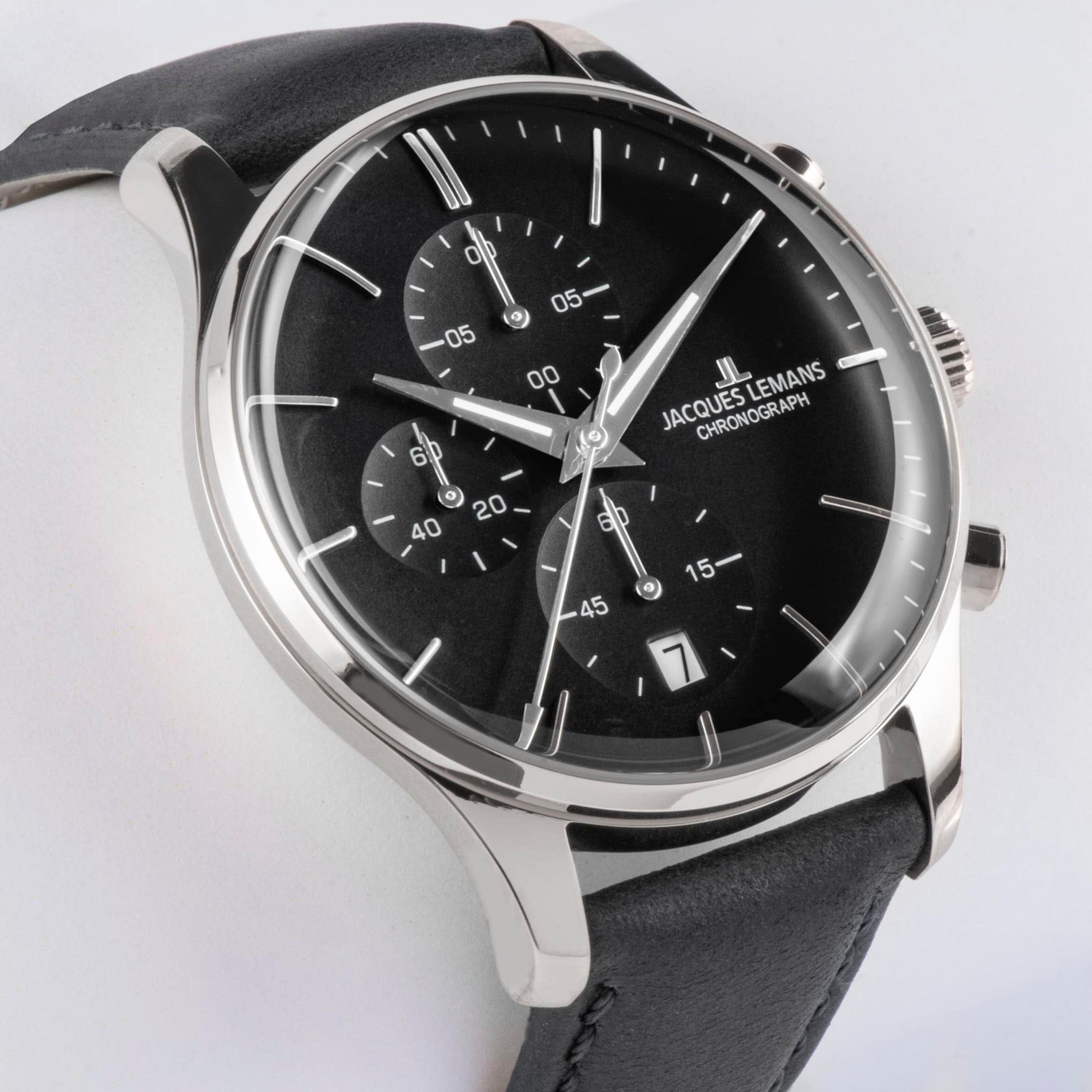 Jacques Lemans Chronograph »London«, Quarzuhr, Armbanduhr, Herrenuhr, Lederarmband, Stoppfunktion, Datum