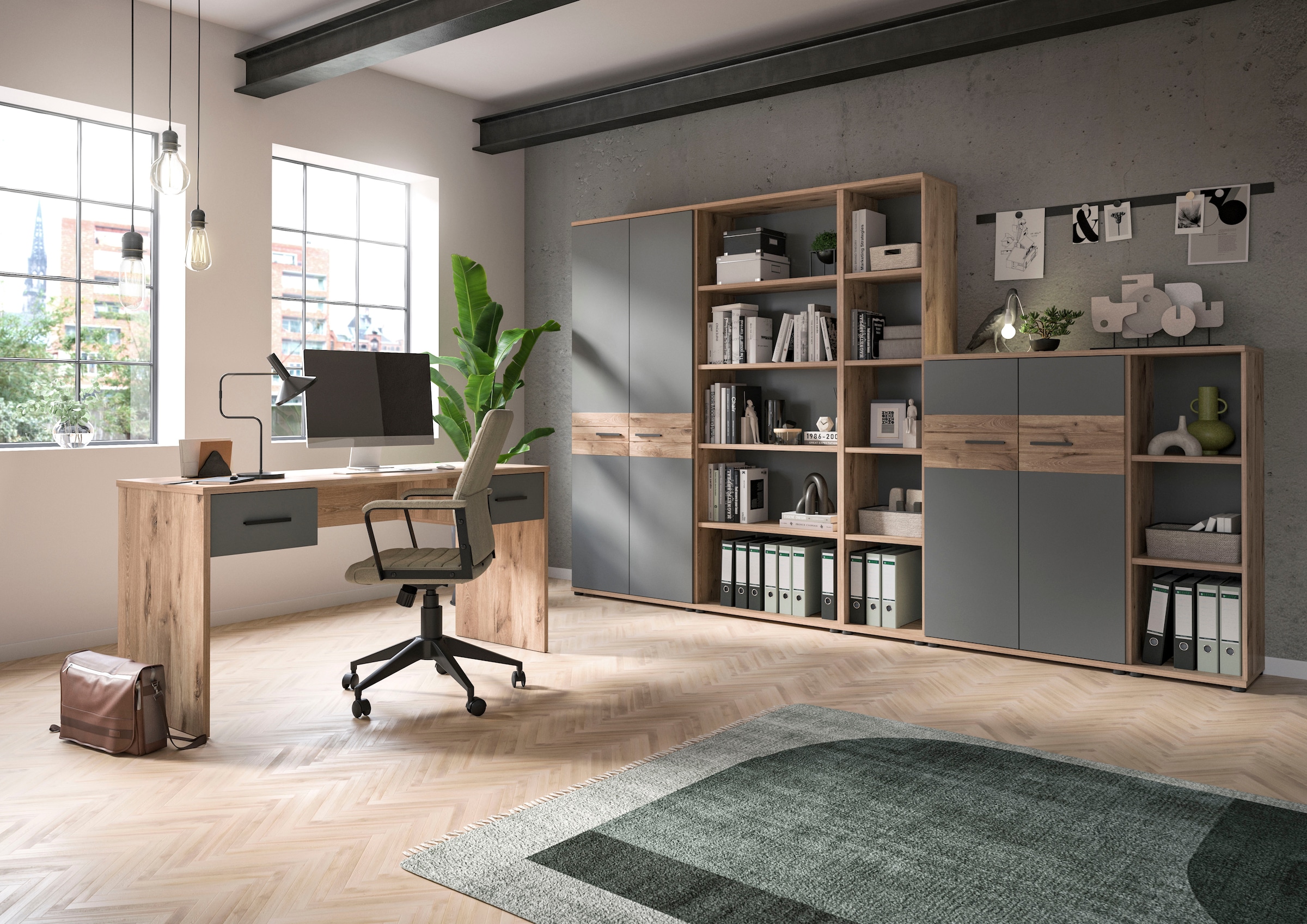 INOSIGN Eckschreibtisch »Riga, Breite 170cm, in Nox Oak Nachbildung und Basalt grau«, Bürotisch, Schreibtisch, Ecktisch, Arbeitszimmer, Computertisch