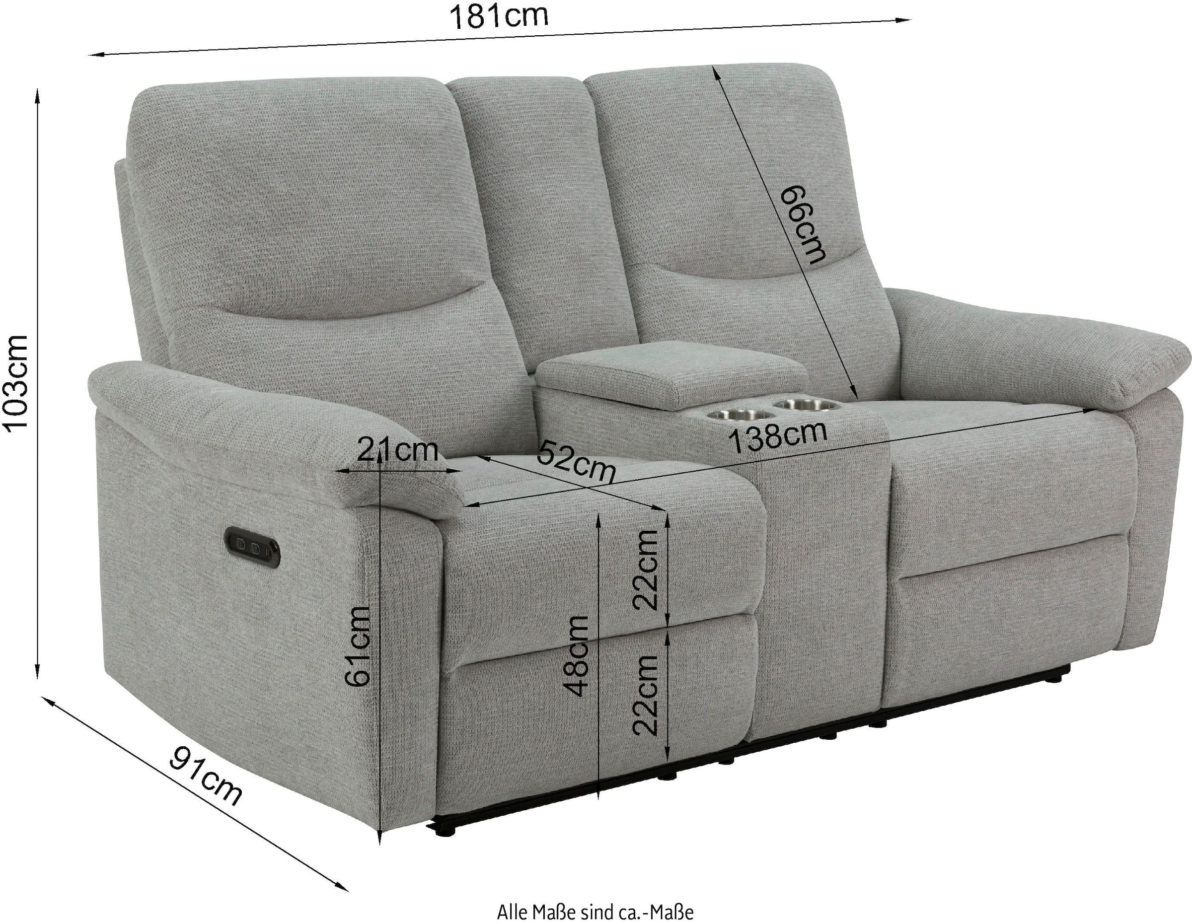 Home affaire 2-Sitzer »ODILON, 2er-Kinosofa, TV-Sessel, Mulitmedia-Sofa, Struktur, USB A/C,«, Relaxfunktion manuell u. elektrisch, Getränkehalter, Staufach