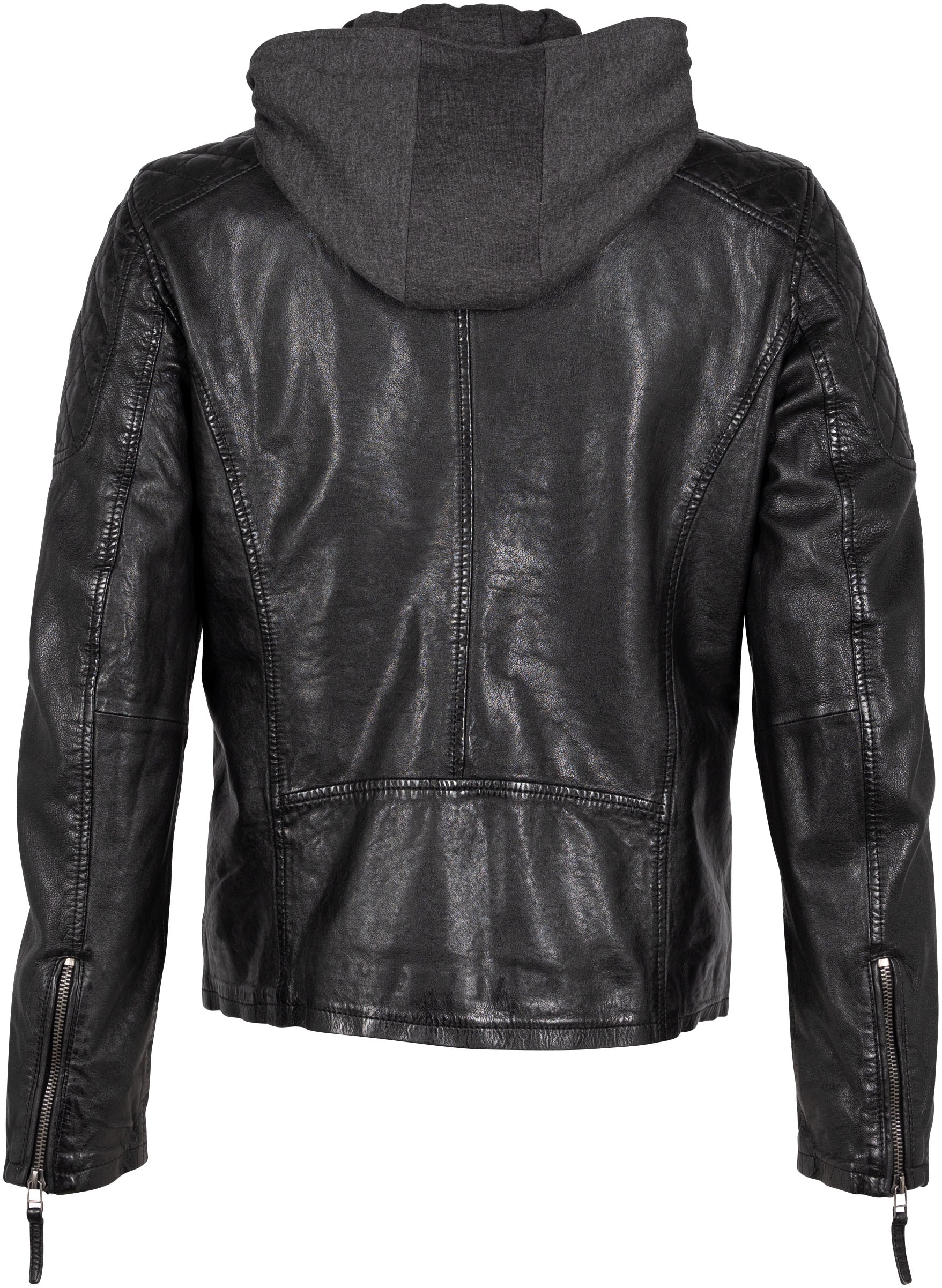 Mauritius Lederjacke »GMTinon«, mit Kapuze, im lässigen Bikerstyle, mit Badges, Reißverschluss