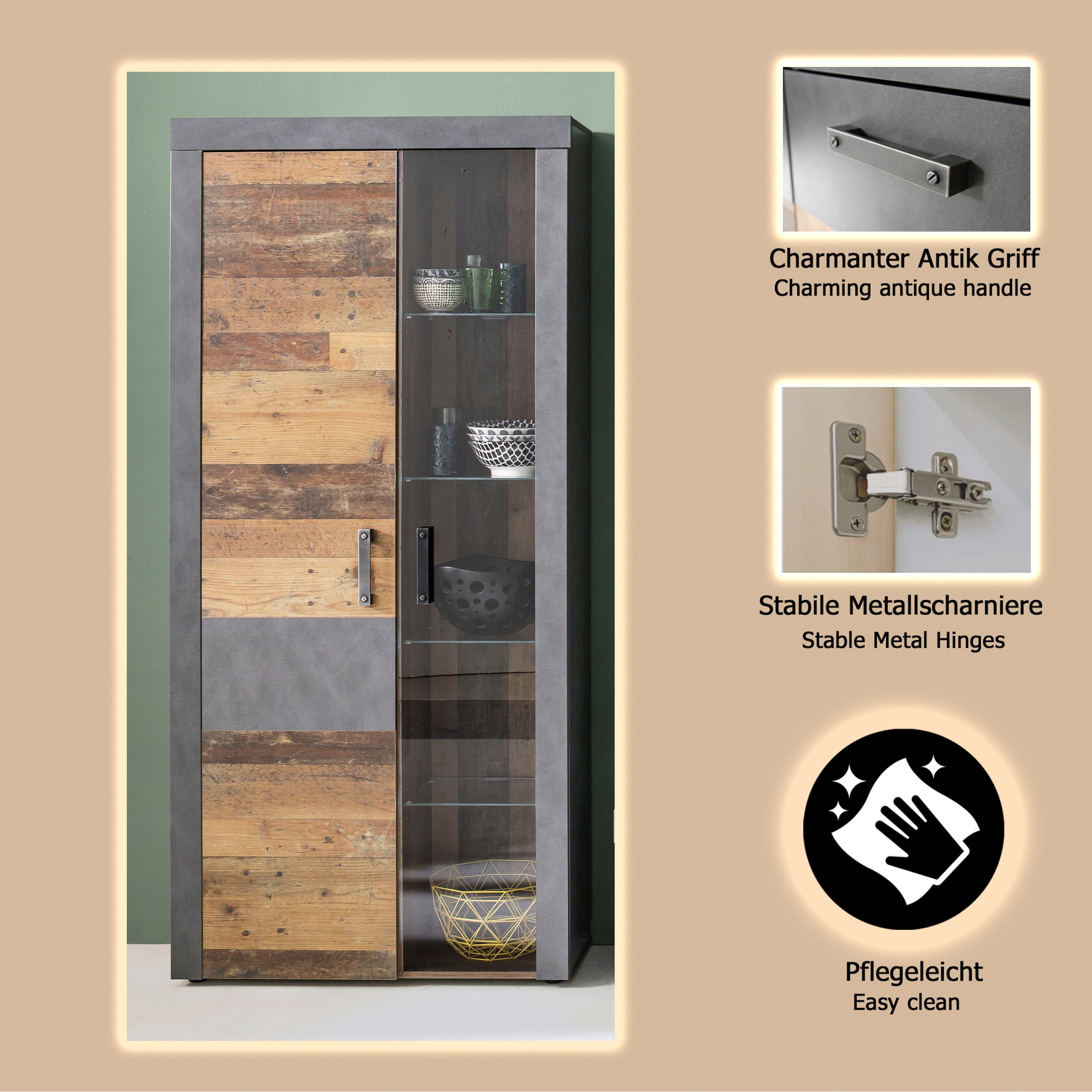 INOSIGN Vitrine »Ilana« moderner Industrial Style - Beleuchtung optional - B/T/H 87/34/189 cm