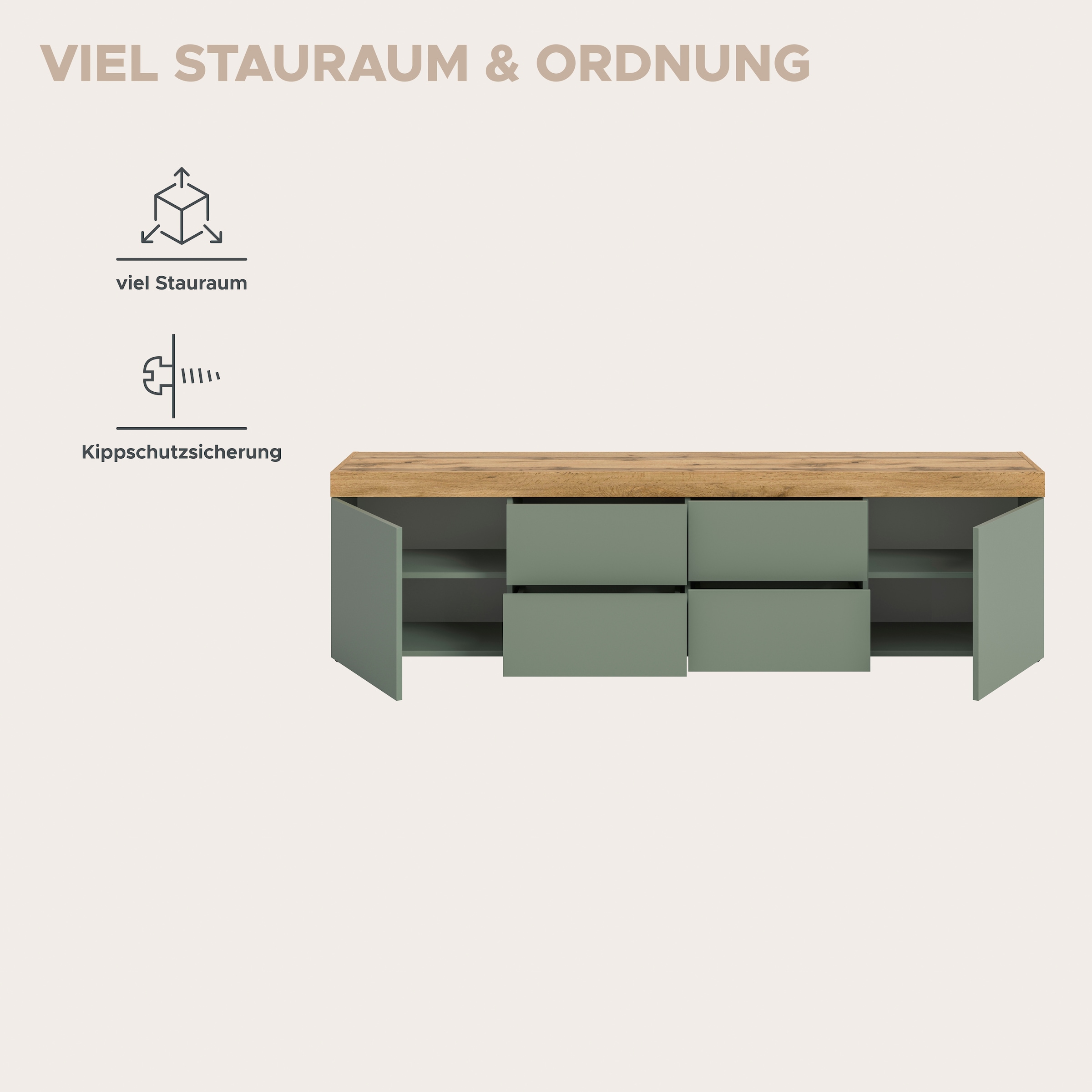 OTTO home Lowboard »MAMBO, Breite 200cm, 2 Türen, 4 Schubkästen, push-2-open« 2 farbige Ausführung, in verschiedenen Farben erhältlich, 1 Stk. tlg. Lowboard, TV Unterschrank, Tv-Schrank, Wohnzimmer