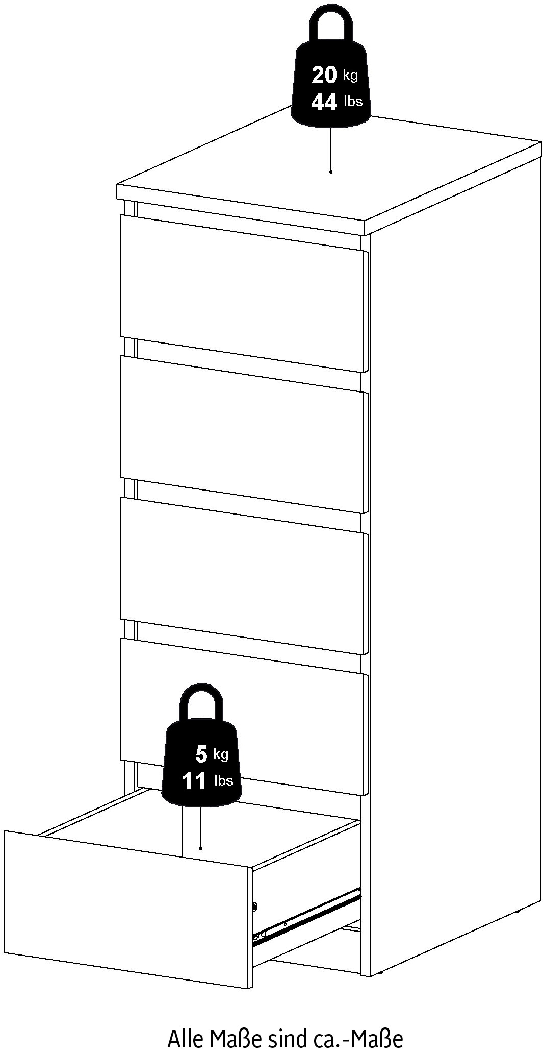 INOSIGN Highboard »Naia, Hockkommode mit 5 Schubkästen«, abgerundete Schubladenkanten auf Metallgleiter, Breite 40,4 cm