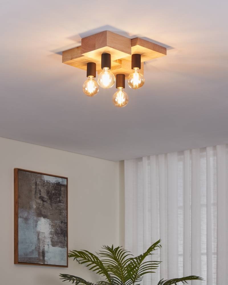 EGLO Deckenleuchte »HALKIN«, 4 flammig, Leuchtmittel E27 | ohne Leuchtmittel, Deckenlampe, FSC100HB, Holz in Natur und Metall in Schwarz, E27