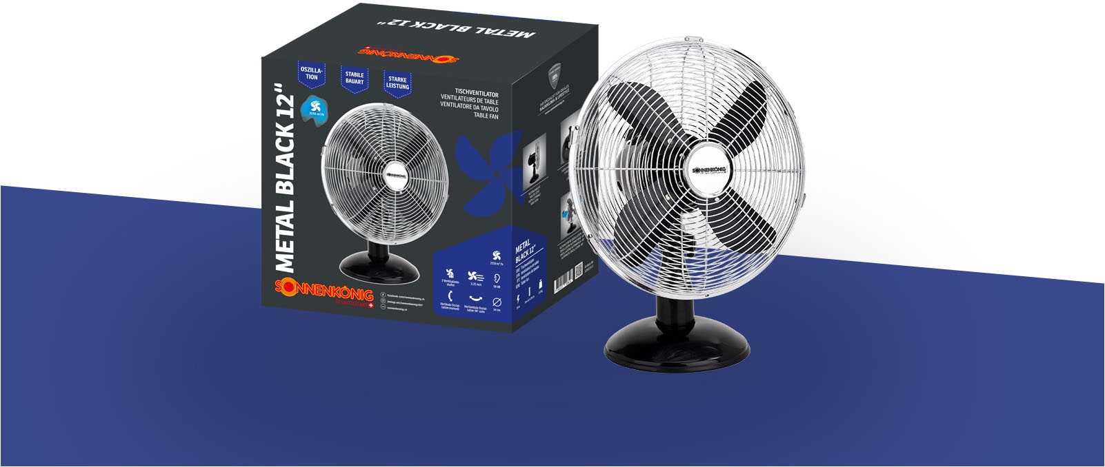 Sonnenkönig Standventilator »Metal Black 16, Leistung 50W, schwenkbar, höhenverstellbar,«, guter Halt, hohe Effizienz, Oszillation, 4 Ventilationsblätter