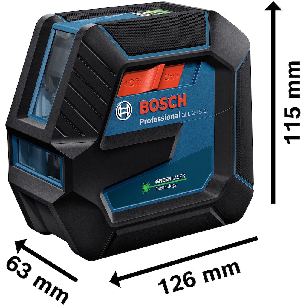 Bosch Professional Linienlaser »GLL 2-15 G Professional Baustativ-Set«, (Set), Staub- und Spritzwasserschutz IP64