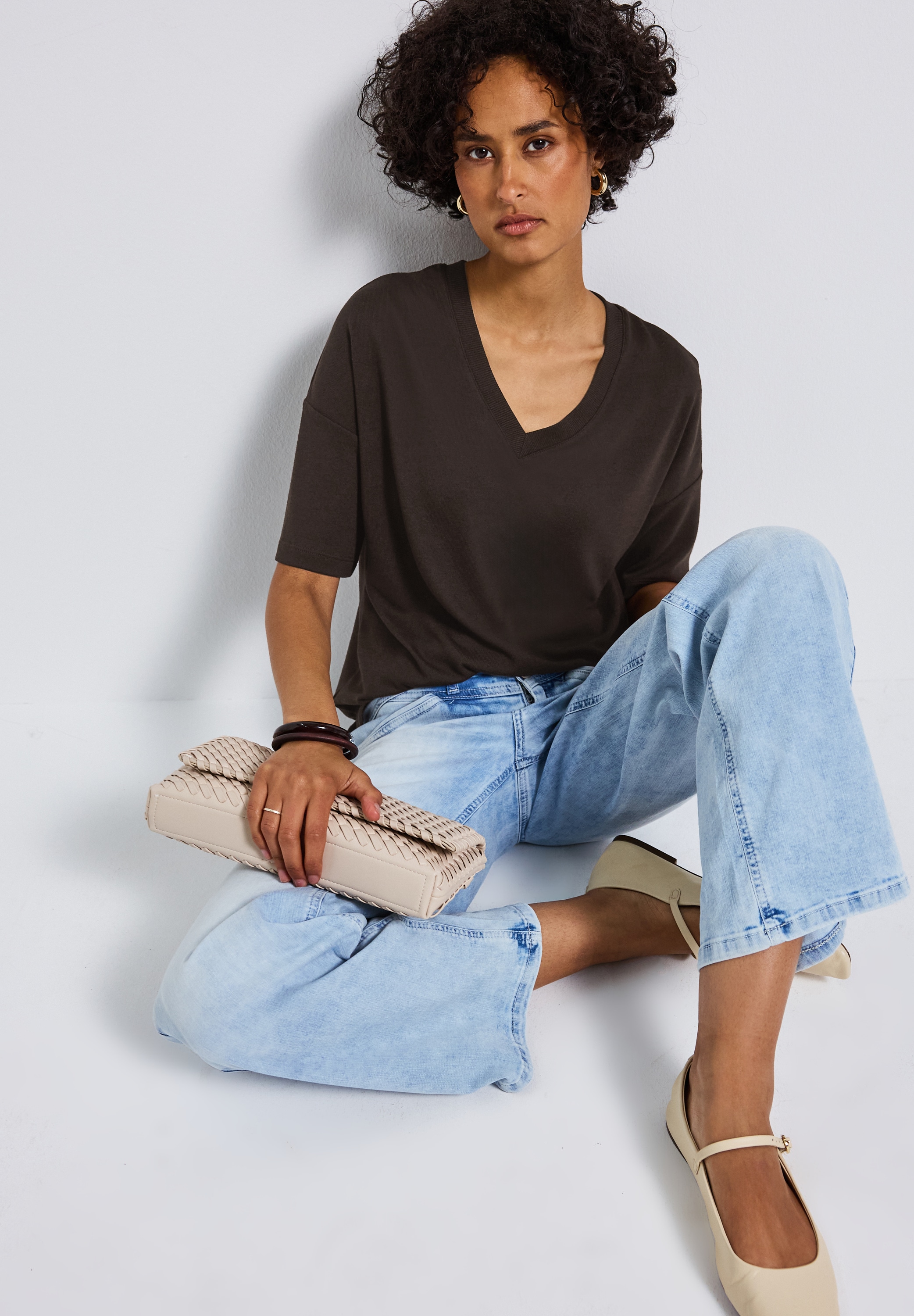 STREET ONE T-Shirt mit V-Ausschnitt und im Strick-Look