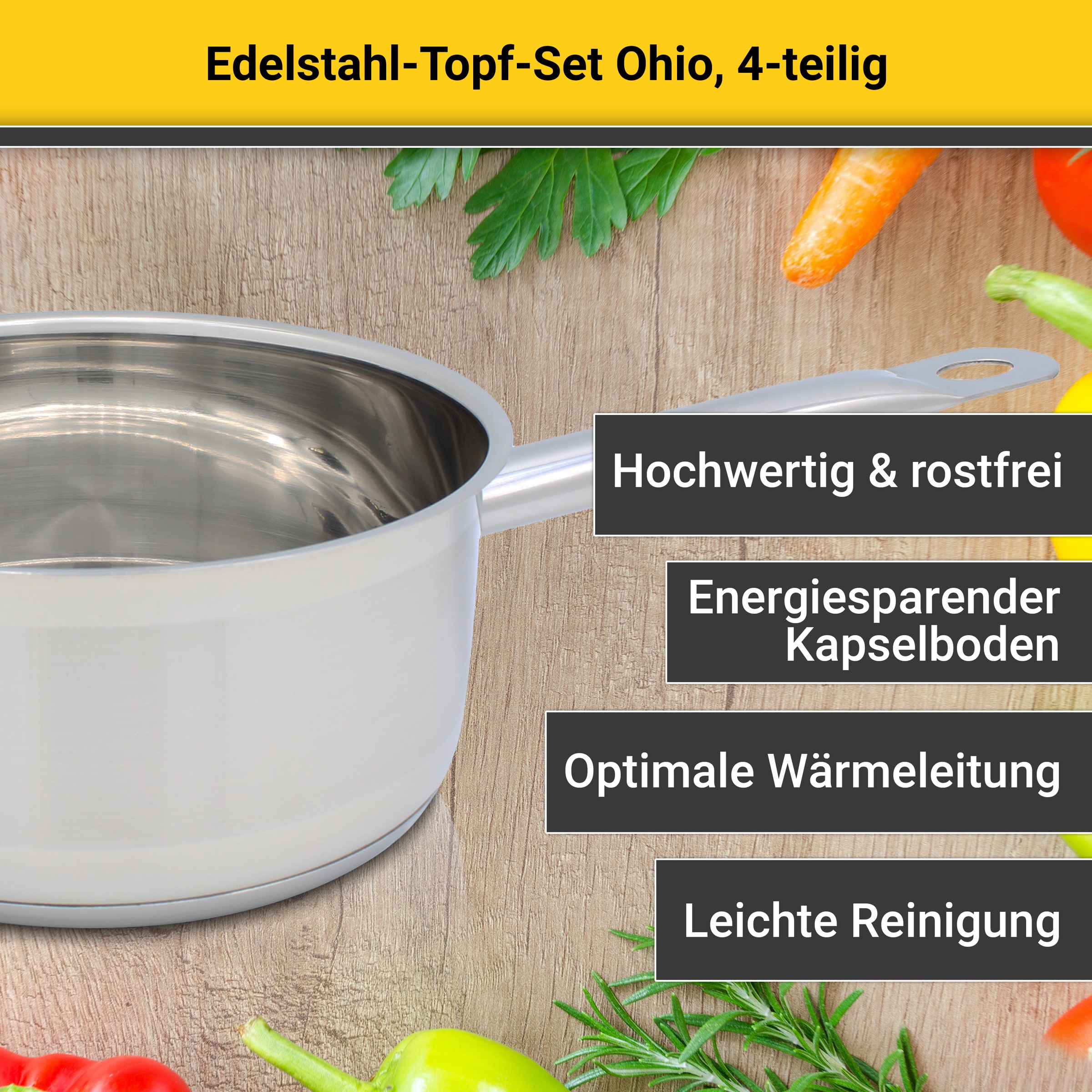 Krüger Topf-Set »Ohio«, Edelstahl, (Set, 7 tlg., Bratentopf Ø 20 cm, Fleischtopf Ø 16/20 cm, Stielkasserolle Ø 16 cm), für Induktions-Kochfelder geeignet