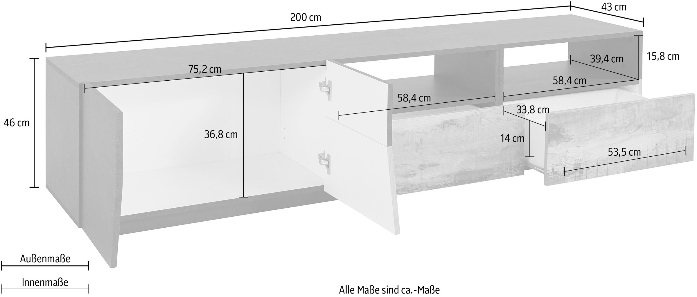 INOSIGN Lowboard »ALIEN- TV-Board, mit 2 Türen, 2 Schubladen und 2 offenen Fächern«, TV-Kommode Breite ca. 200 cm "Made in Italy"