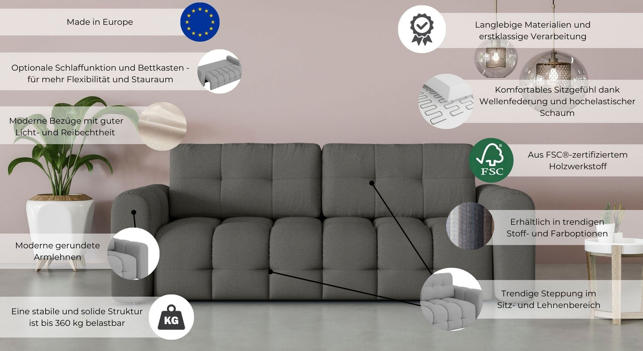 OTTO home 3-Sitzer »Manilla, wahlweise mit Bettfunktion, B/T/H 265/117/91 cm« mit Wellenunterfederung, in verschiedenen Materialien und Farben