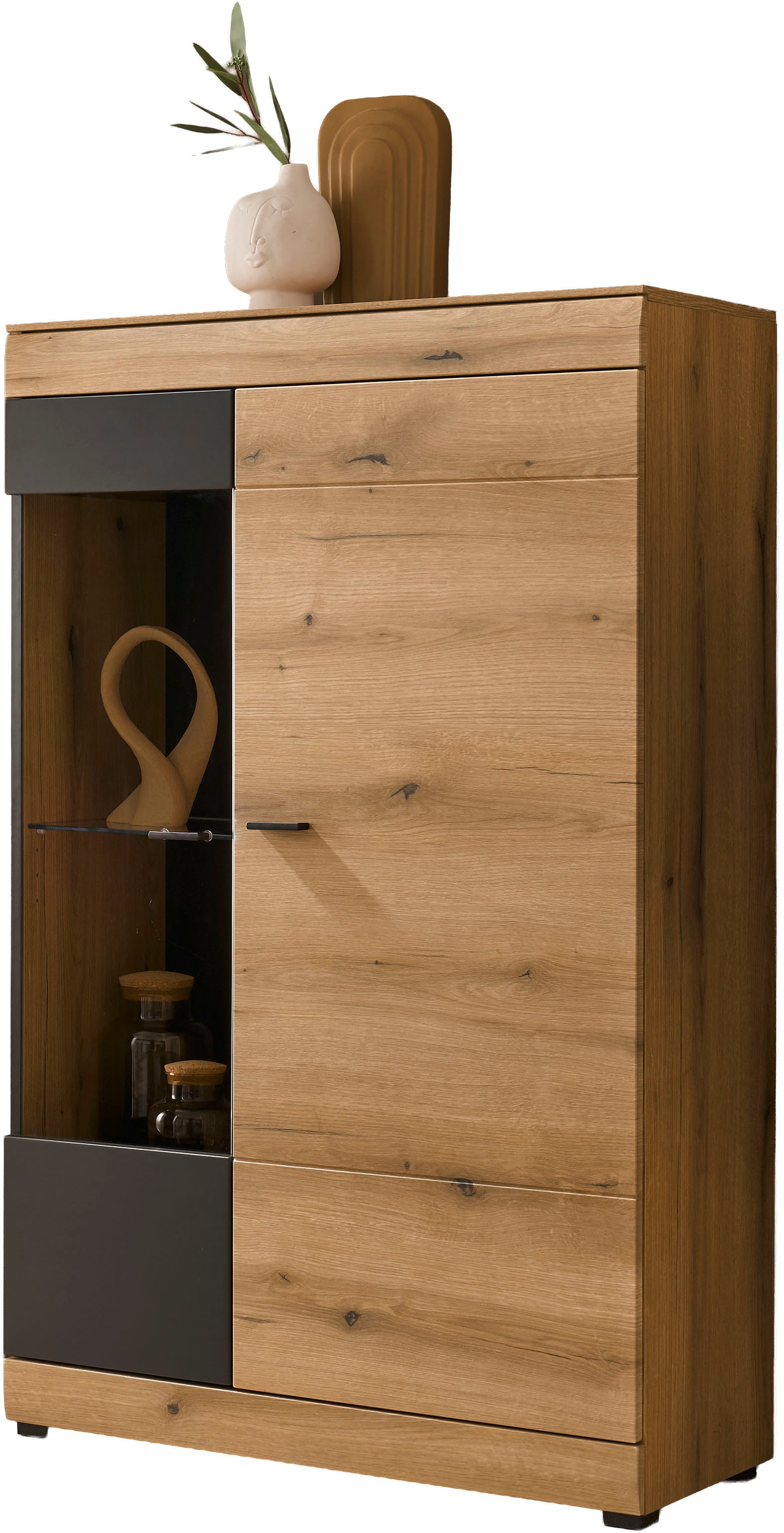 Home affaire Vitrine »Soleto, Vitrinenschrank in Evoke Eiche, moderne Glasvitrine« ausreichend Stauraum, schwarze Griffe aus Metall, zeitlos