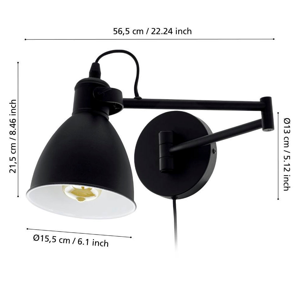 EGLO Wandleuchte »SAN PERI Wandlampe, Stahl, E27, IP20, Schlafzimmerlampe, Bürolampe«, 1 flammig, Leuchtmittel E27 | ohne Leuchtmittel, Wand-/Deckenleuchte - L13 x B30 x H21 cm - schwarz - 1X10W exkl.