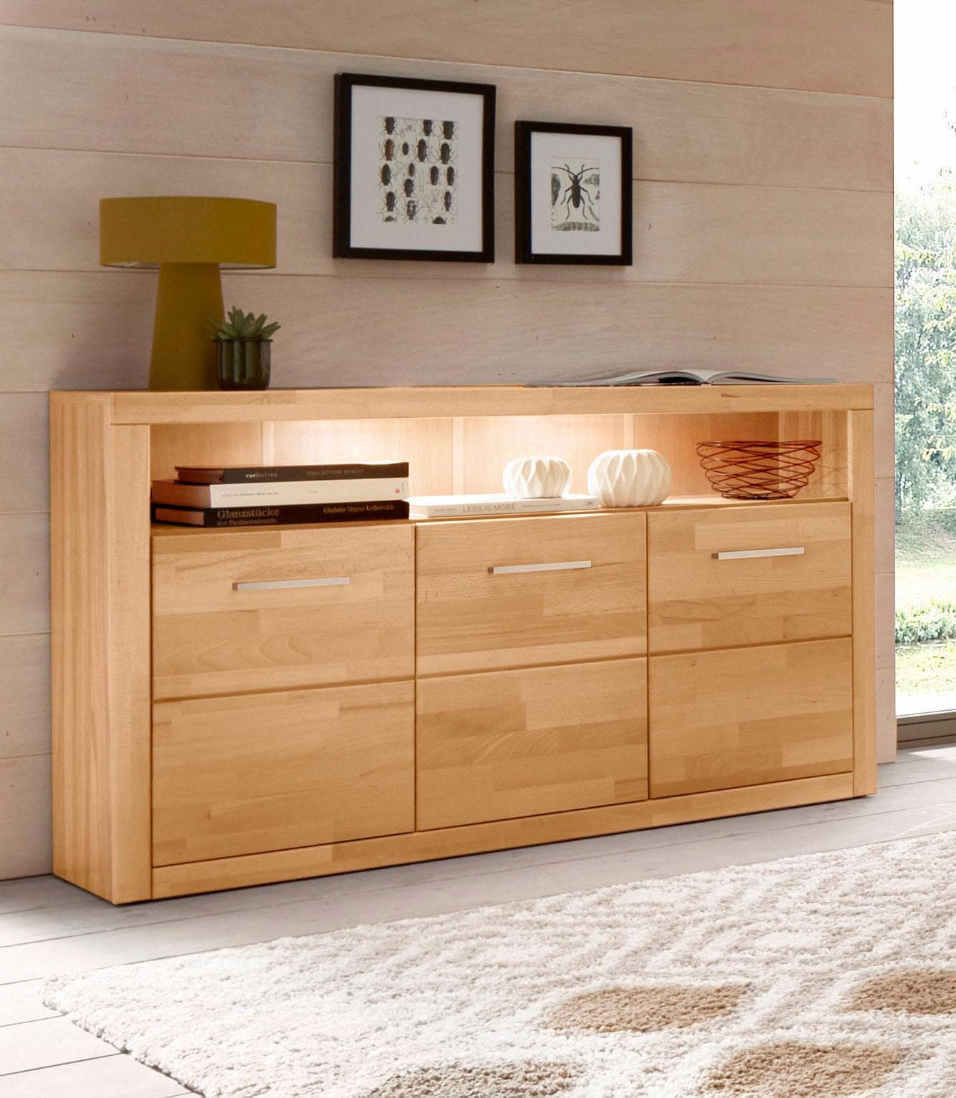 Home affaire Sideboard »Ribe,130cm breit, Fronten Massivholz,7 Fächer«, Holz massiv, Holzwerkstoff, Metall Griffe,3 Türen