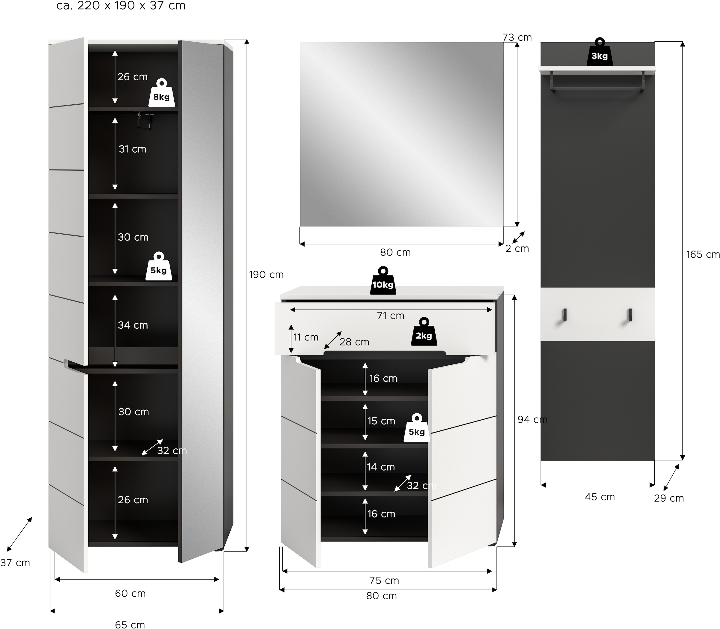 INOSIGN Garderoben-Set »REHAT, TOPSELLER!, 4-teilig, Breite 220 cm, individuell erweiterbar« Set, bestehend aus: Garderobenschrank, Kommode, Spiegel & Garderobenpaneel, 4 Stk. tlg.