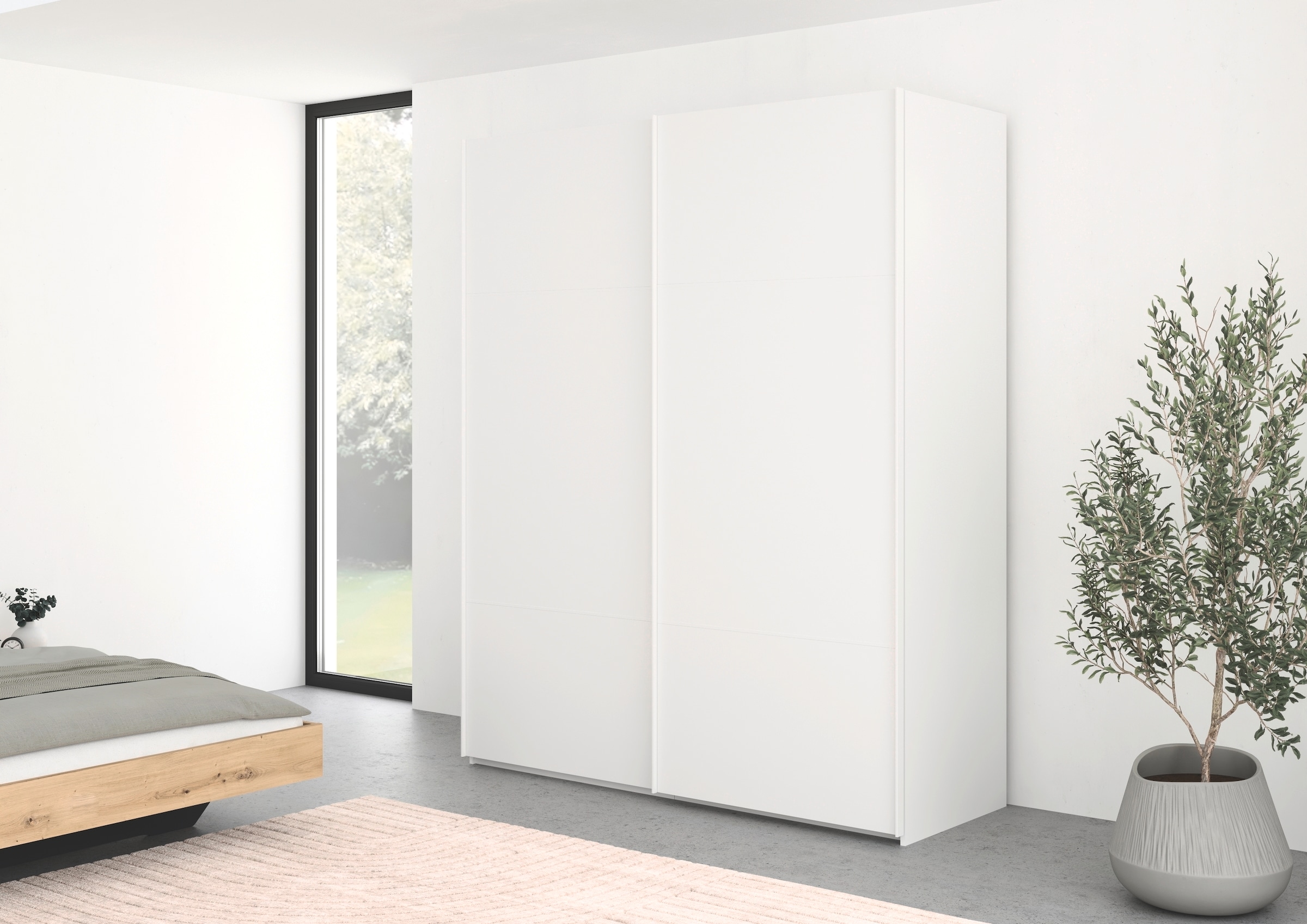 rauch Schwebetürenschrank »Kleiderschrank Schrank Garderobe Schlafzimmerschrank SCALE-TRIO«, edle dreigeteilte Front, 2 Zierleisten in Griff-Farbe MADE IN GERMANY