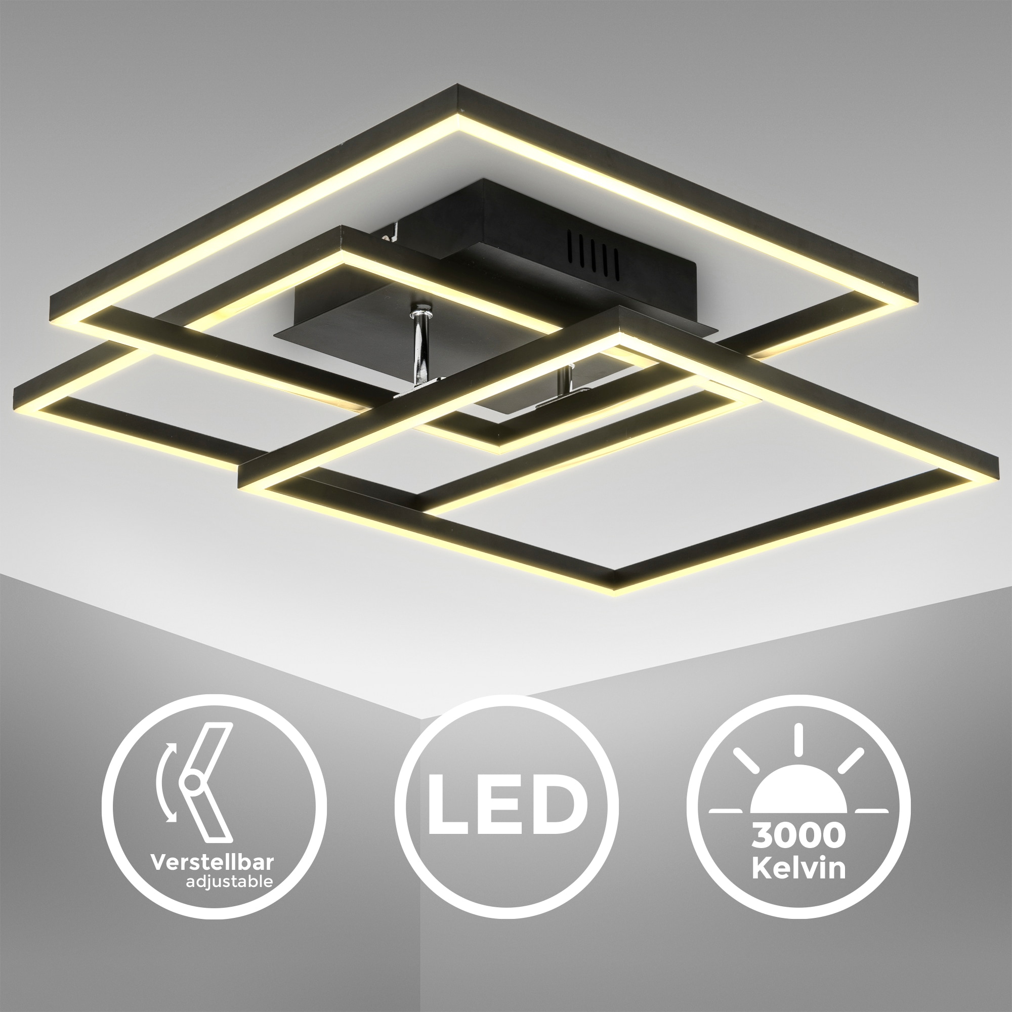 B.K.Licht LED Deckenleuchte »BK_FR1505 LED Deckenlampe, Frame, Schwenkbar, Schwarz«, 1 flammig, Leuchtmittel LED-Modul | LED fest integriert, 3-flammig, 3000 K warmweißes Licht, 568x568x95 mm (LxBxH)