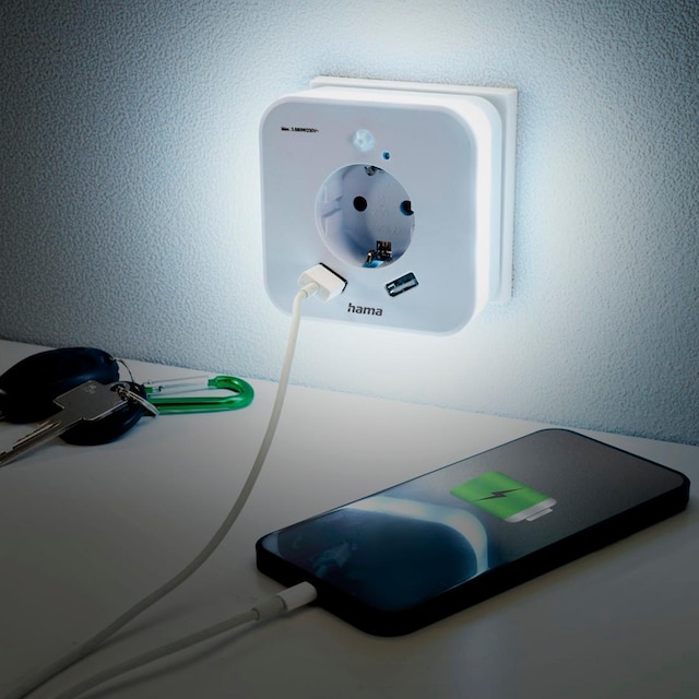 Hama LED Nachtlicht »Nachtlicht mit Steckdose für Baby, Kinder und  Erwachsene, taglichtweiß«, Bewegungsmelder und 2 USB ➥ 3 Jahre XXL Garantie  | UNIVERSAL