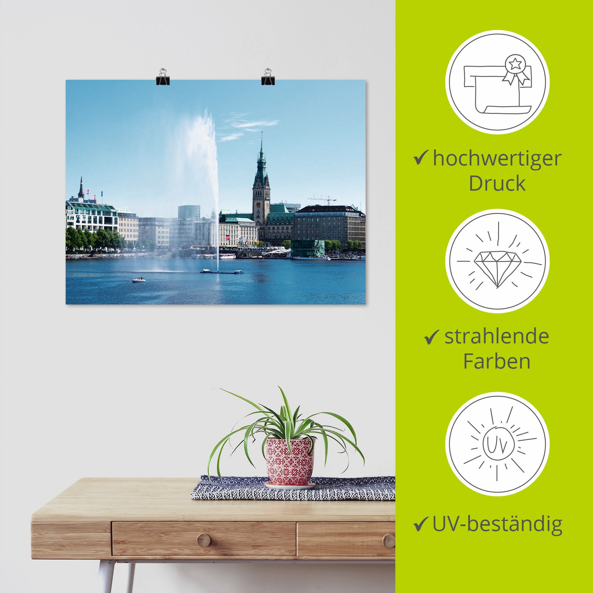 Artland Poster »Hamburg Alsterfontäne mit Rathaus«, Deutschland, (1 St.), als Alubild, Leinwandbild, Wandaufkleber oder Poster in versch. Größen