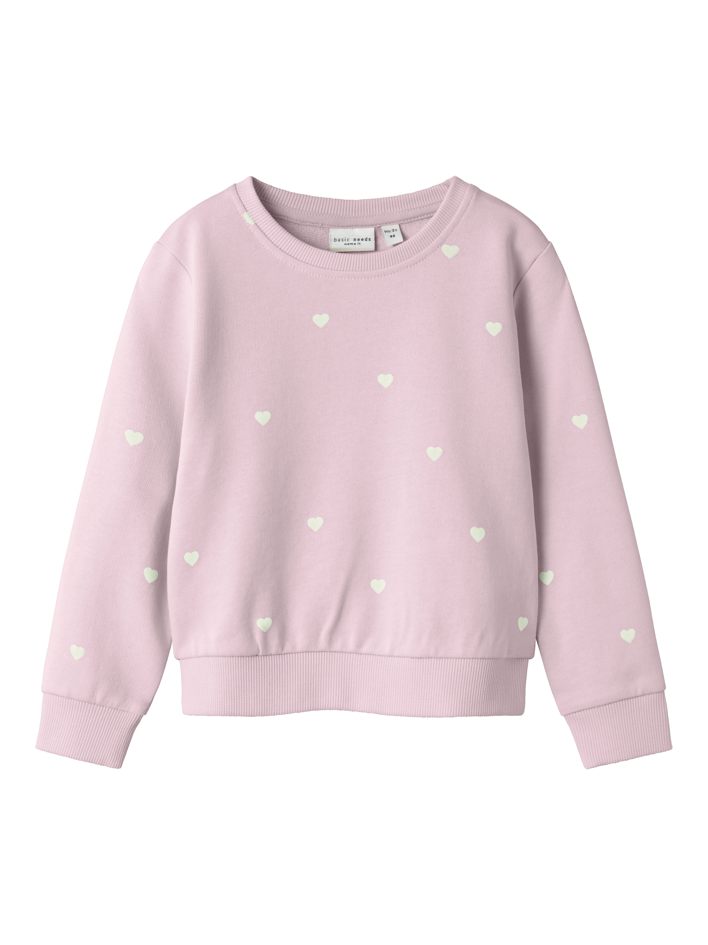 Name It Sweatshirt »NMFVALBA – Sweater mit Herzchen-Alloverdruck und Rippbündchen«, bedruckt, casual, regular fit, Sweatware, Rundhals