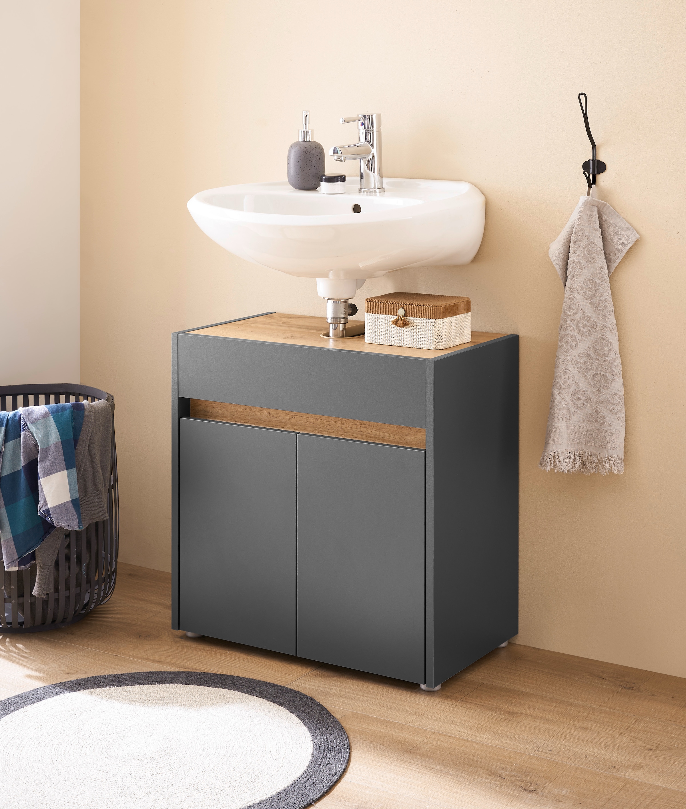 INOSIGN Waschbeckenunterschrank »CITY/GIRON, Waschtisch mit Griffmulde, Badschrank in zeitlosem Design«, in den Farben Weiß und Anthrazit verfügbar, viel Stauraum