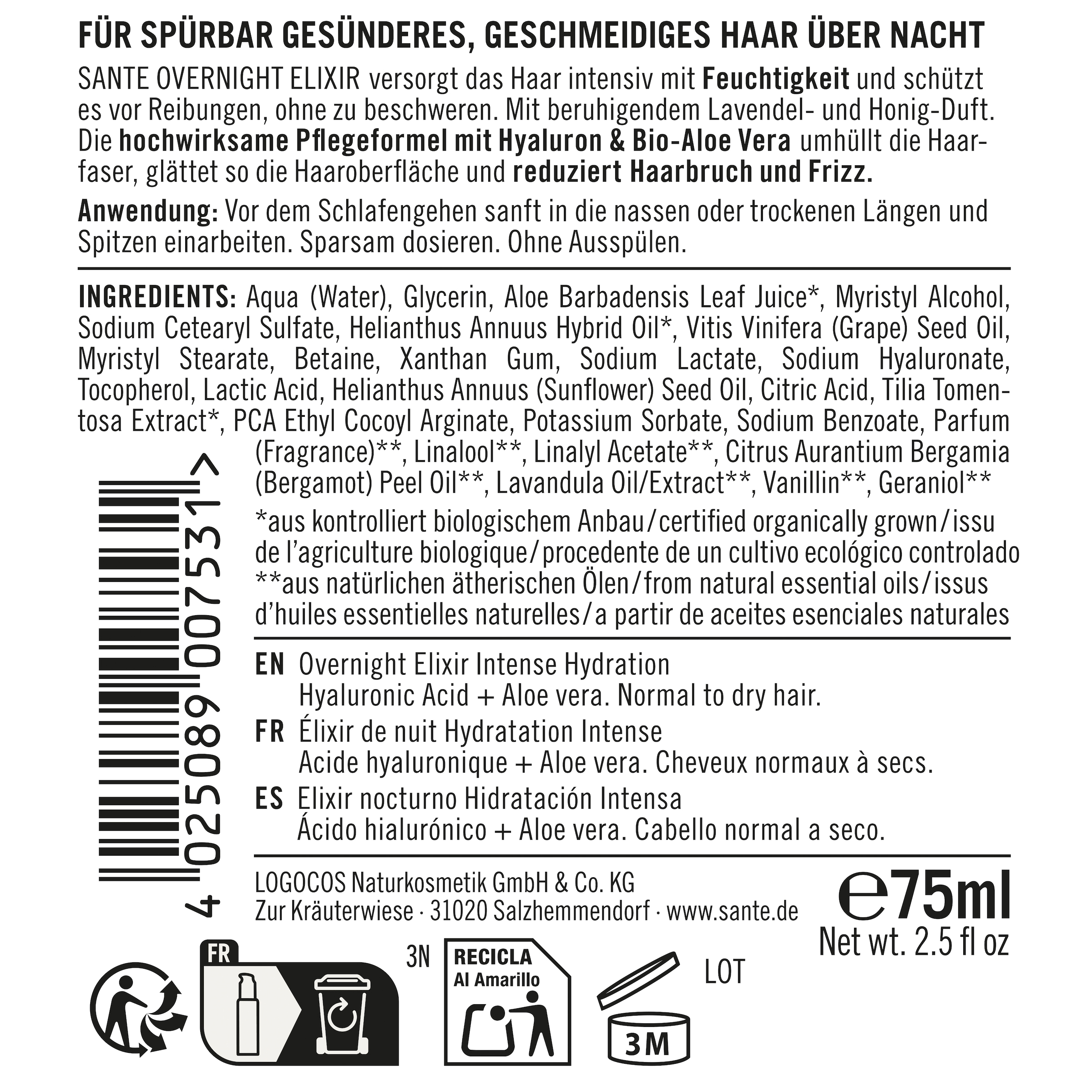 SANTE Haarelexier »OVERNIGHT ELIXIER INTENSE HYDRATION« für normales bis trockenes Haar, mit Hyaluron und Aloe Vera, vegan