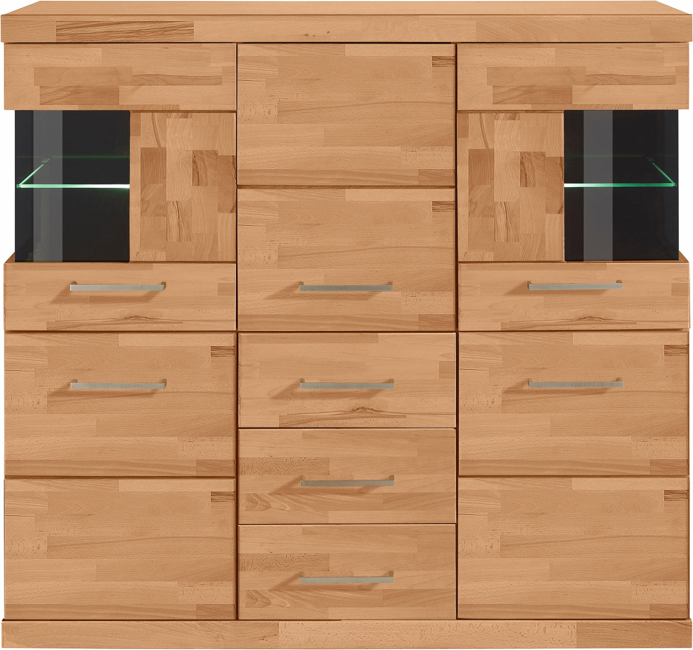 Home affaire Highboard »Ribe,125cm breit,115cm hoch, Fronten Massivholz,5Türen,3 Schubladen«, Holz massiv, Holzwerkstoff, Metall Griffe,10Fächer, Böden versetzbar