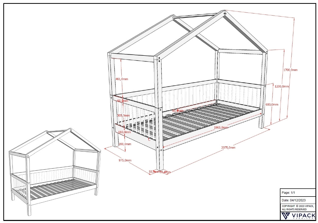 Vipack Hausbett »Forrest mit hochwertiger und stabiler Verarbeitung, Made in Europe« Buche massiv natur, 90/200 cm, inkl. Bettschublade auf Rollen,  wahlweise ohne oder mit Textilhimmel