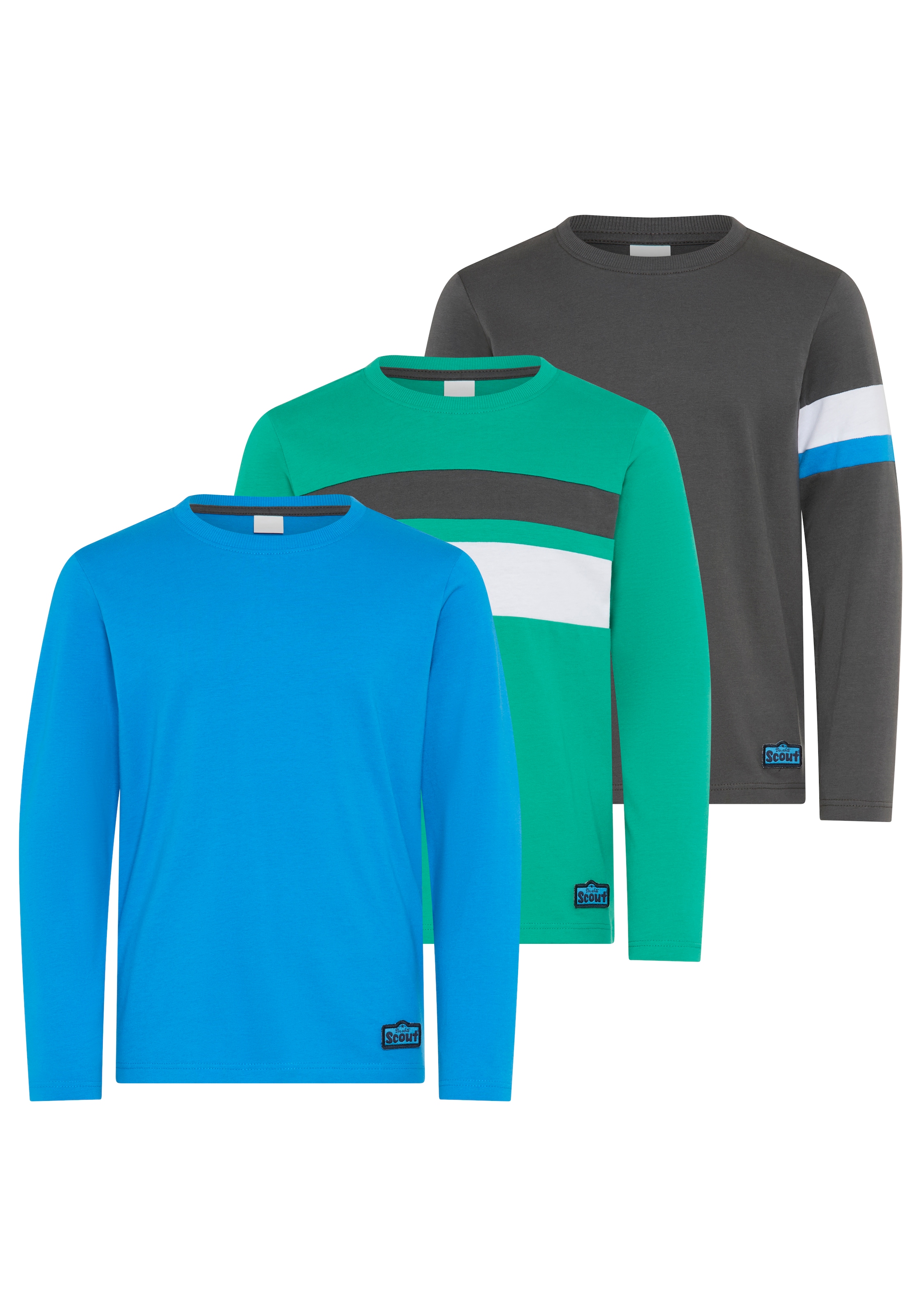 Scout Langarmshirt »3er Packung Shirt mit Kontrast-Einsätzen« Packung, 3,  Hüftlange Schnittform, Langarm, modischer Stil