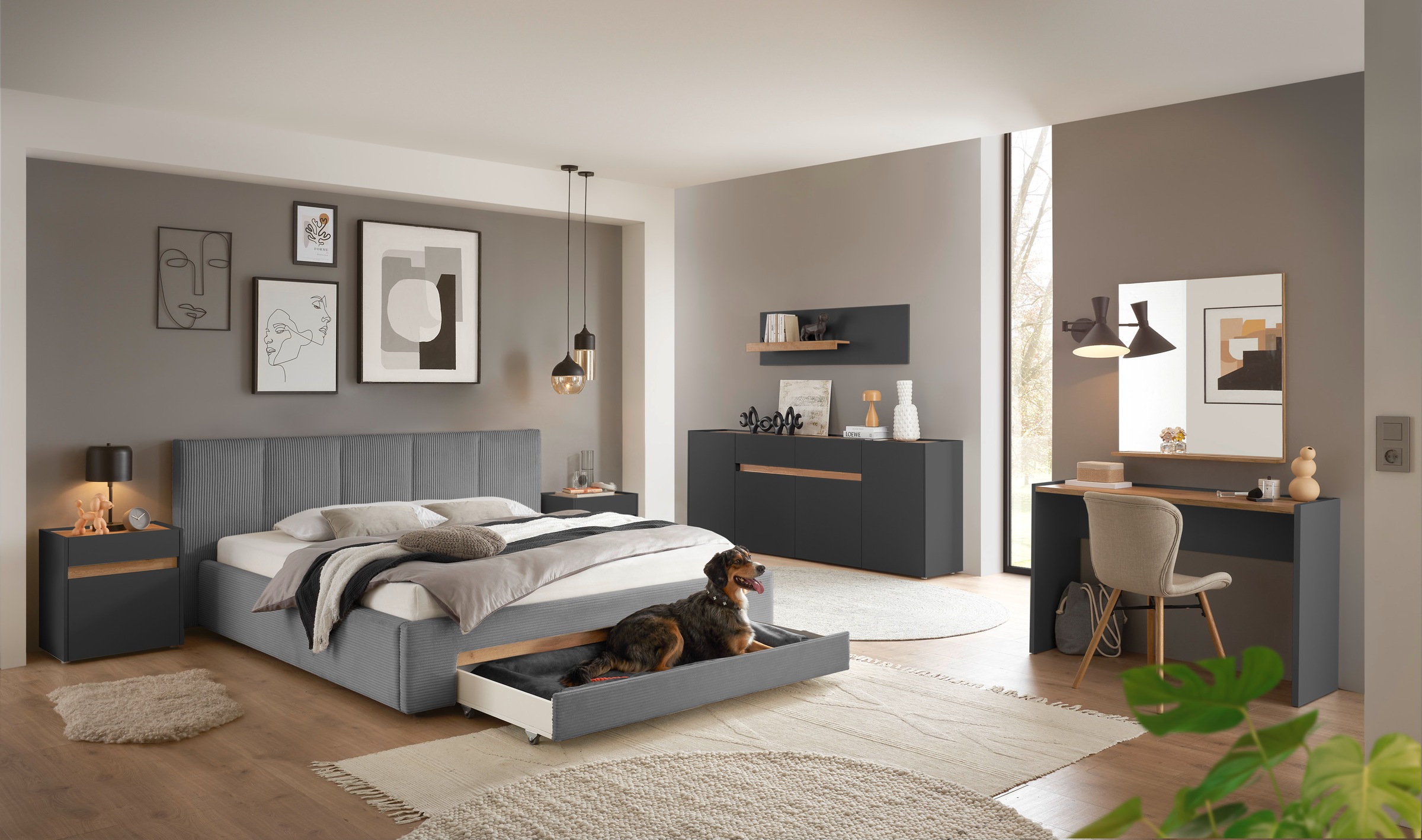 INOSIGN Polsterbett »CiTY/GiRON, Bettgestell mit Bettkasten, gepolstertes Stauraumbett«, mit Hundebett oder Stauraumschublade, Bezug Cord-oder Leinenoptik