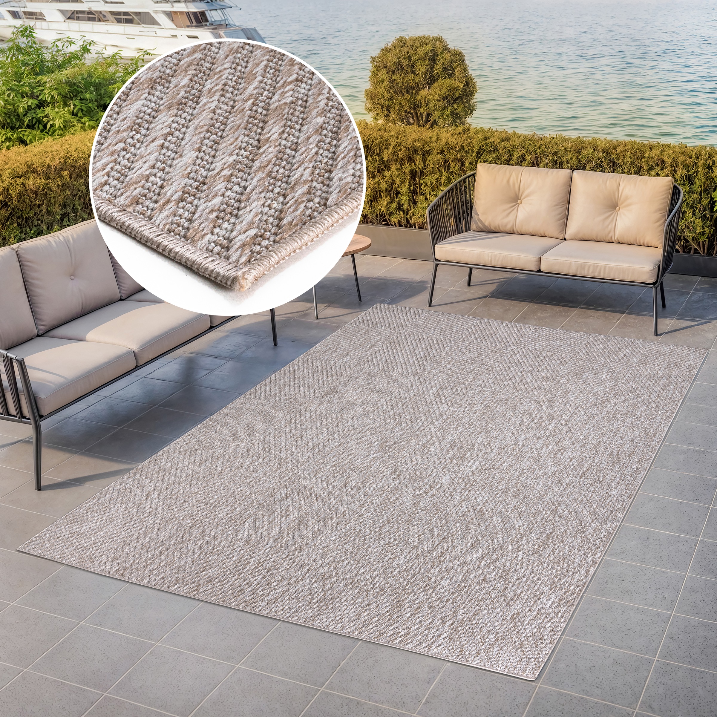 my home Teppich »Elsa, In- und Outdoor geeignet«, rechteckig, 3 mm Höhe, Sisal-Optik, Wetterfest & UV-beständig, Boho, Wohnzimmer, Camping