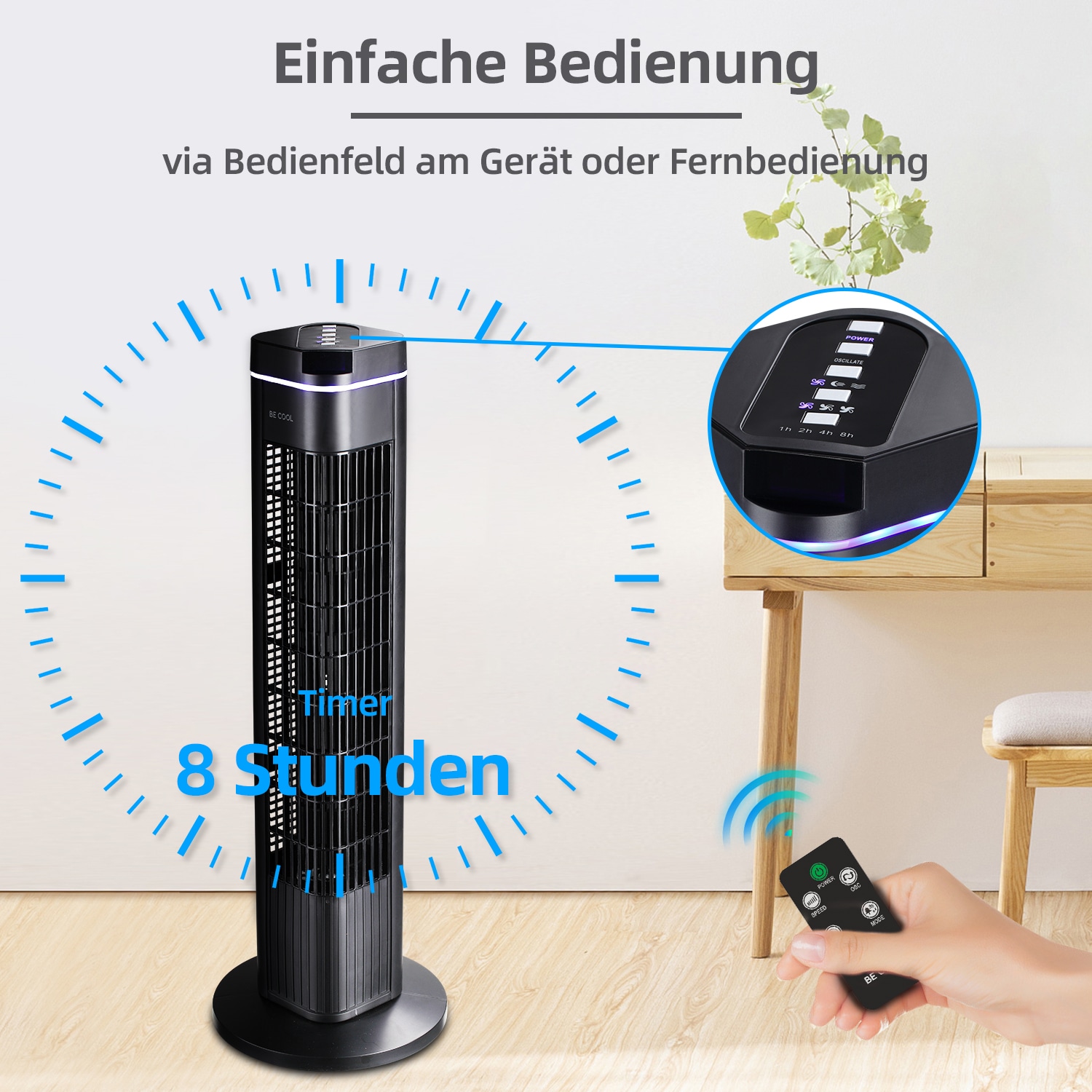 be cool Turmventilator »Turmventilator 73cm mit Fernbedienung BC29STTFD schwarz«, Timer-Funktion