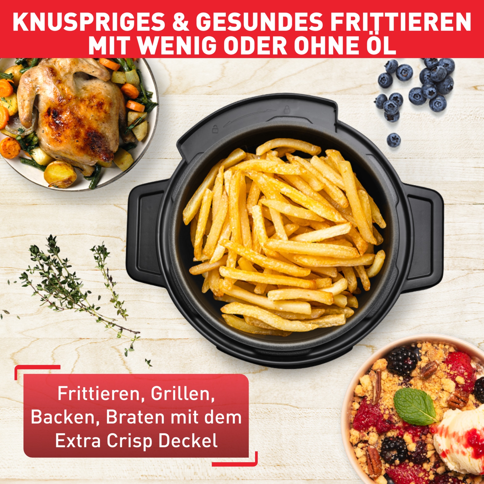 Tefal Multikocher »Turbo Cuisine & Fry inkl. Extra-Crisp-Deckel, 1-Knopf-Bedienung«, Schnellkochtopf/ Heißluftfritteuse, 15 automatische Programme, CY7788