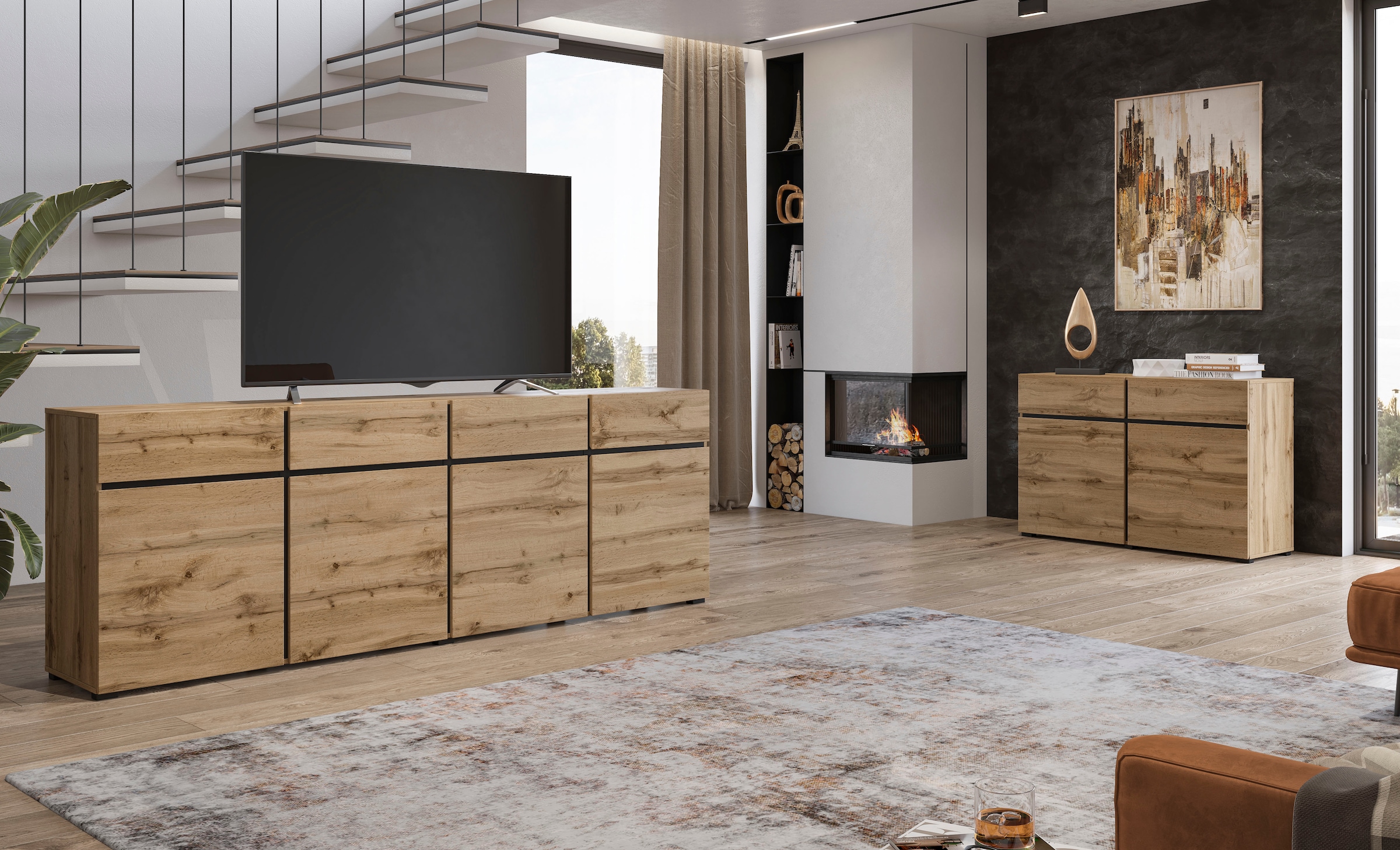 INOSIGN Sideboard »Cross,Breite 119,5 cm, moderne grifflose Kommode,2 Türen/2 Schubkästen«, Schubladenschrank,Anrichte mit viel Stauraum, Einlegeböden verstellbar