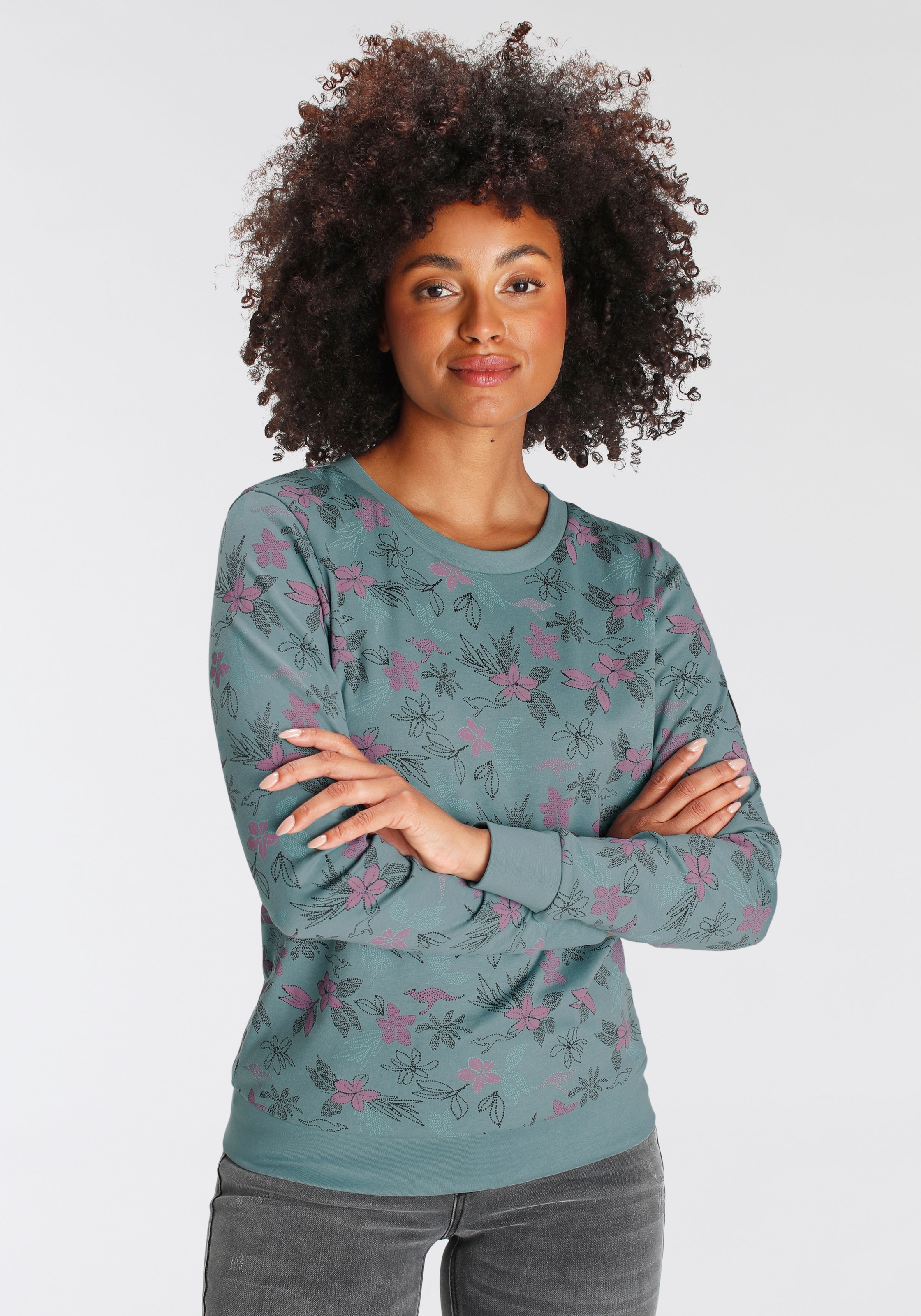 KangaROOS Sweatshirt, Langarm, lässiger Schnitt, geblümtes Muster, Rundhalsausschnitt
