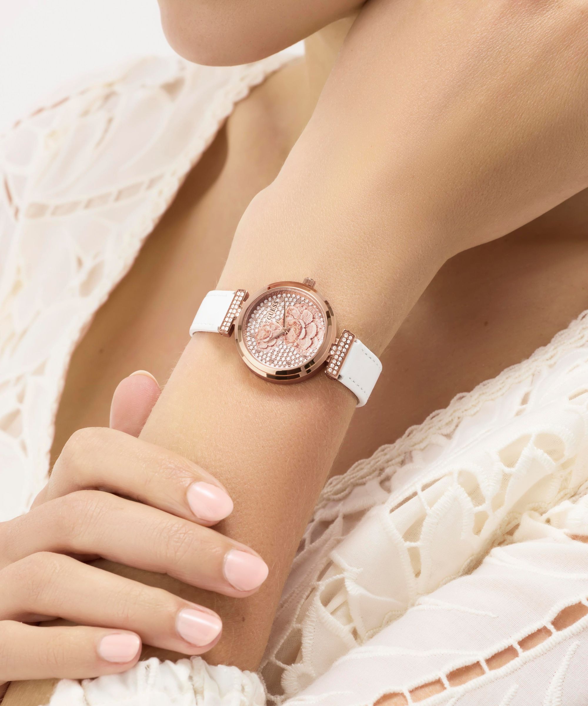 Guess Quarzuhr »ARRAY« Armbanduhr, Damenuhr, Lederarmband, analog