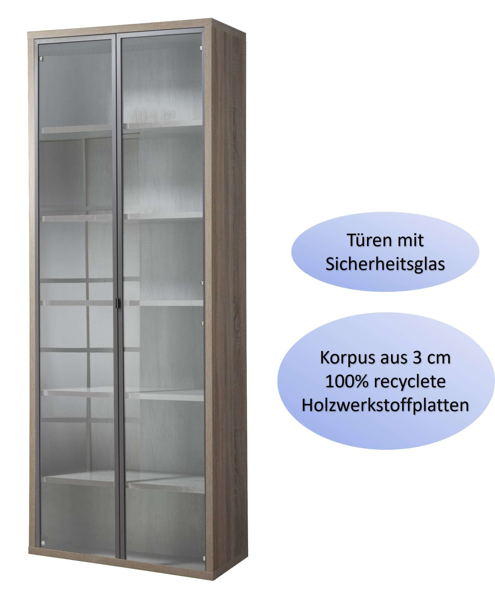 Composad Aktenschrank »DISEGNO, Bücherregal mit 2 Glastüren,«, verstellbare Böden, Höhe 217 cm, 100% recyceltes Holz, Made in Italy