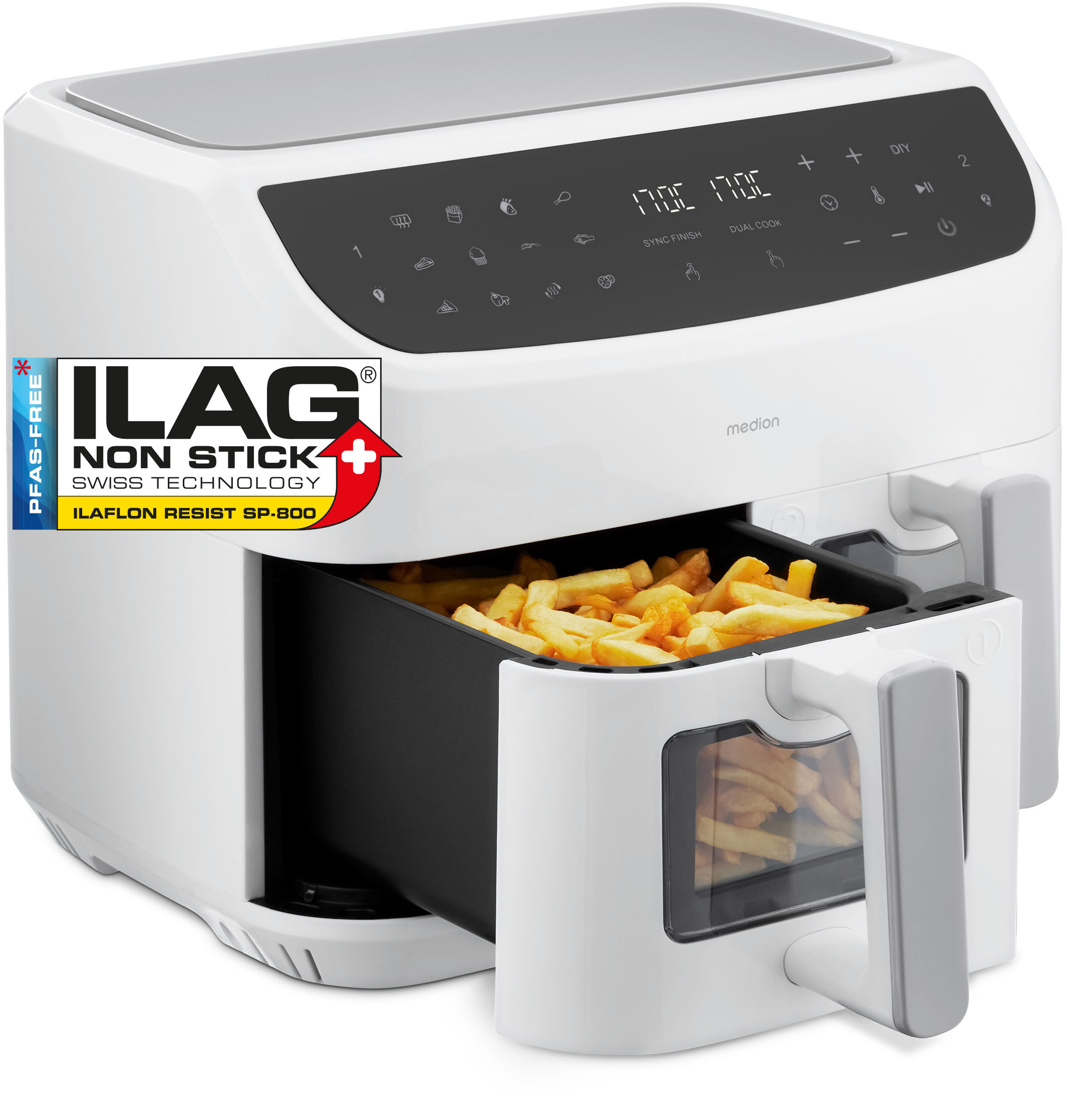 Medion Heißluftfritteuse "MD 11760 P20XXL Twin" 2400 W Temperatur 50 - 200 C, ILAG Beschichtung, Sync-Finish