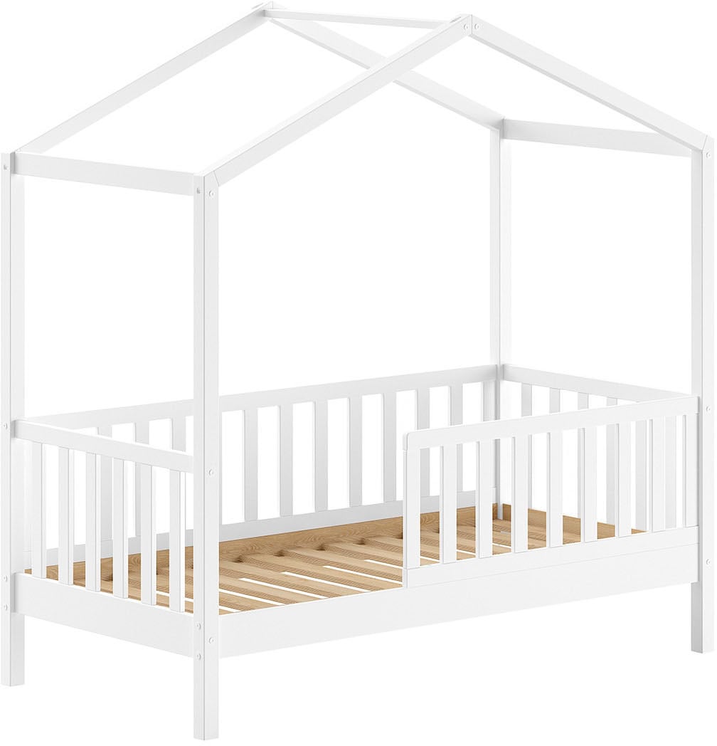 Home affaire Hausbett »Junior Hausbett 70/140, umlaufender Rausfallschutz, stabil gebaut«, (B/H/T ca. 148x150,6x75,8cm, in verschiedenen Farben erhältlich), inkl. Rolllattenrost und Dachaufbau
