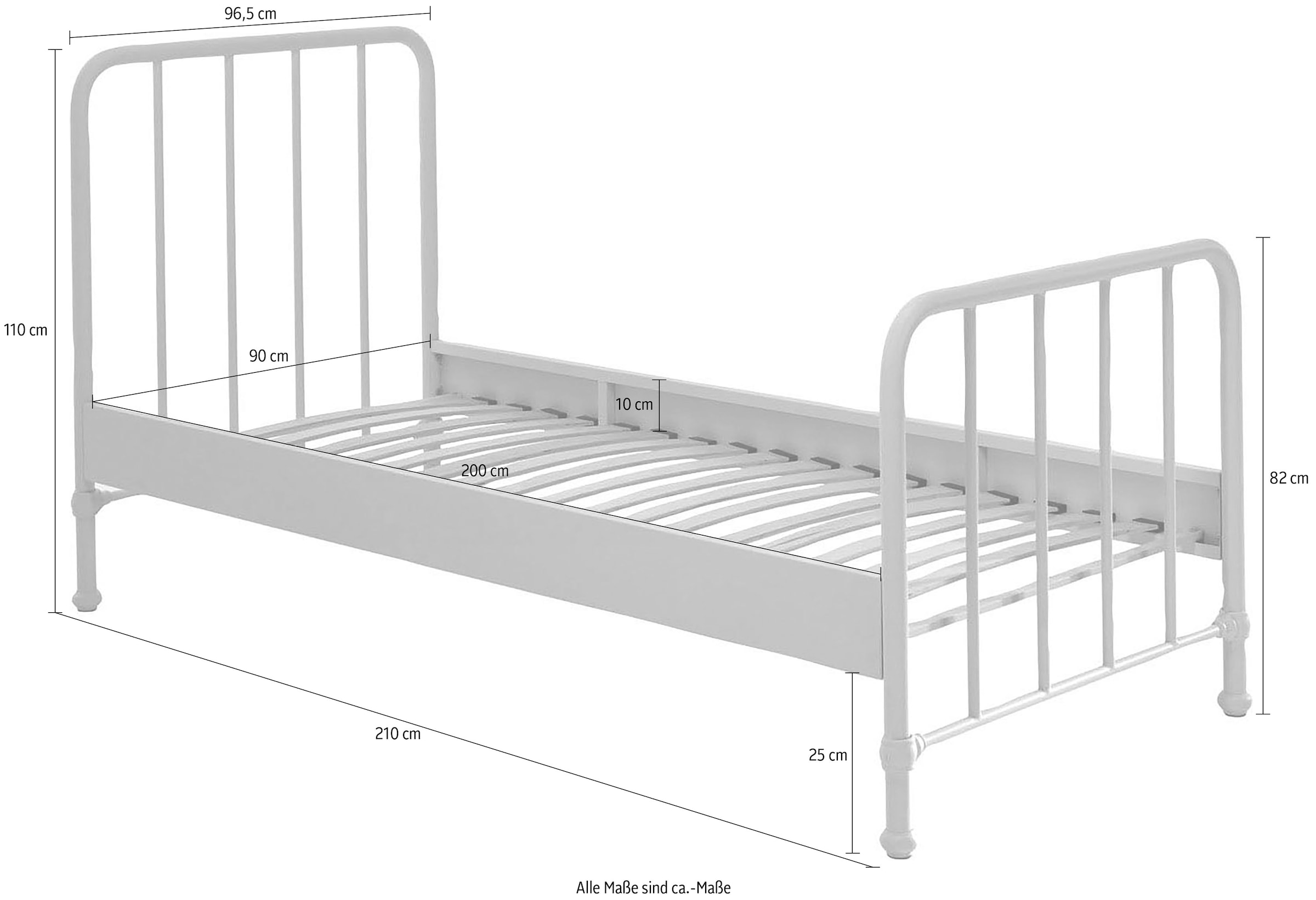 Vipack Jugendbett »Bronxx, Einzelbett 90/200, sehr stabil, romantische Optik«, (B/H/T ca. 96,5x110x206cm, inkl. Lattenrost, Bodenfreiheit), Oberfläche pulverbeschichtet, verschiedene Farben zur Wahl
